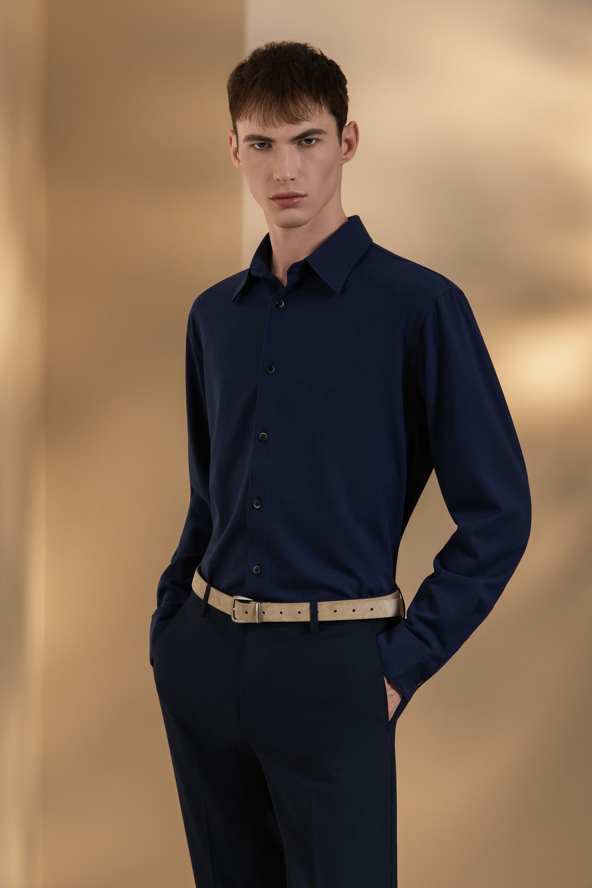 Wool Blend Twill Relax Fit Long Sleeve Casual Shirt