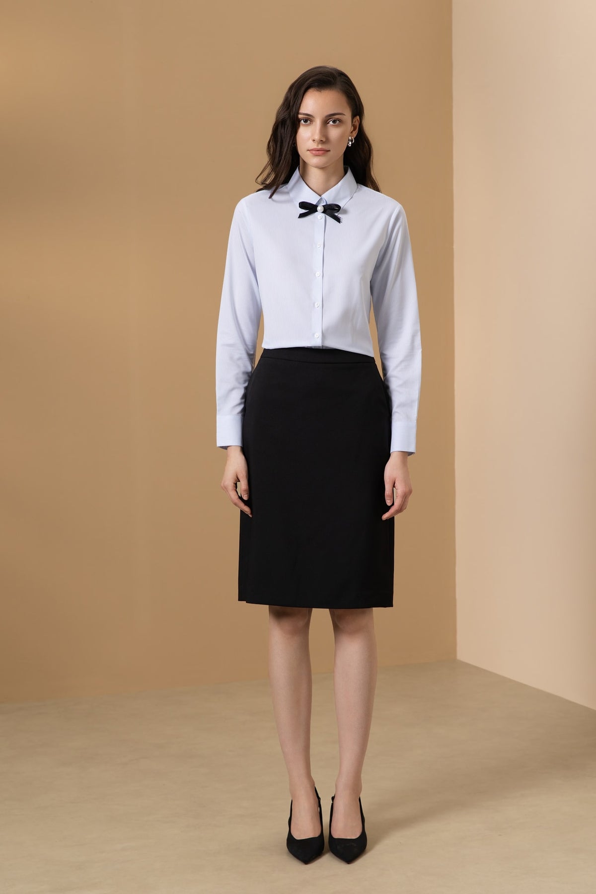 Easy Ironing Quick Dry Wicking Twill Stripe Slim Fit Long Sleeve Shirt with Detachable Bow Tie