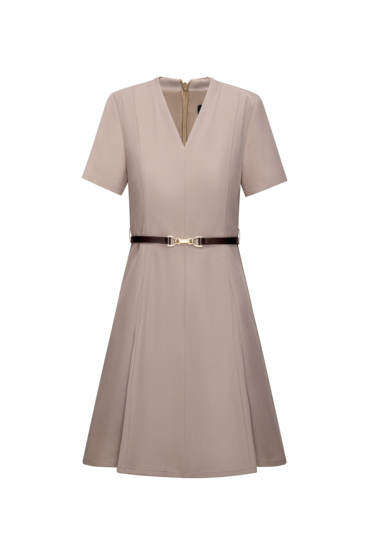 Poly Cavalry Twill Fit & Flare V-Neck Dress with Belt