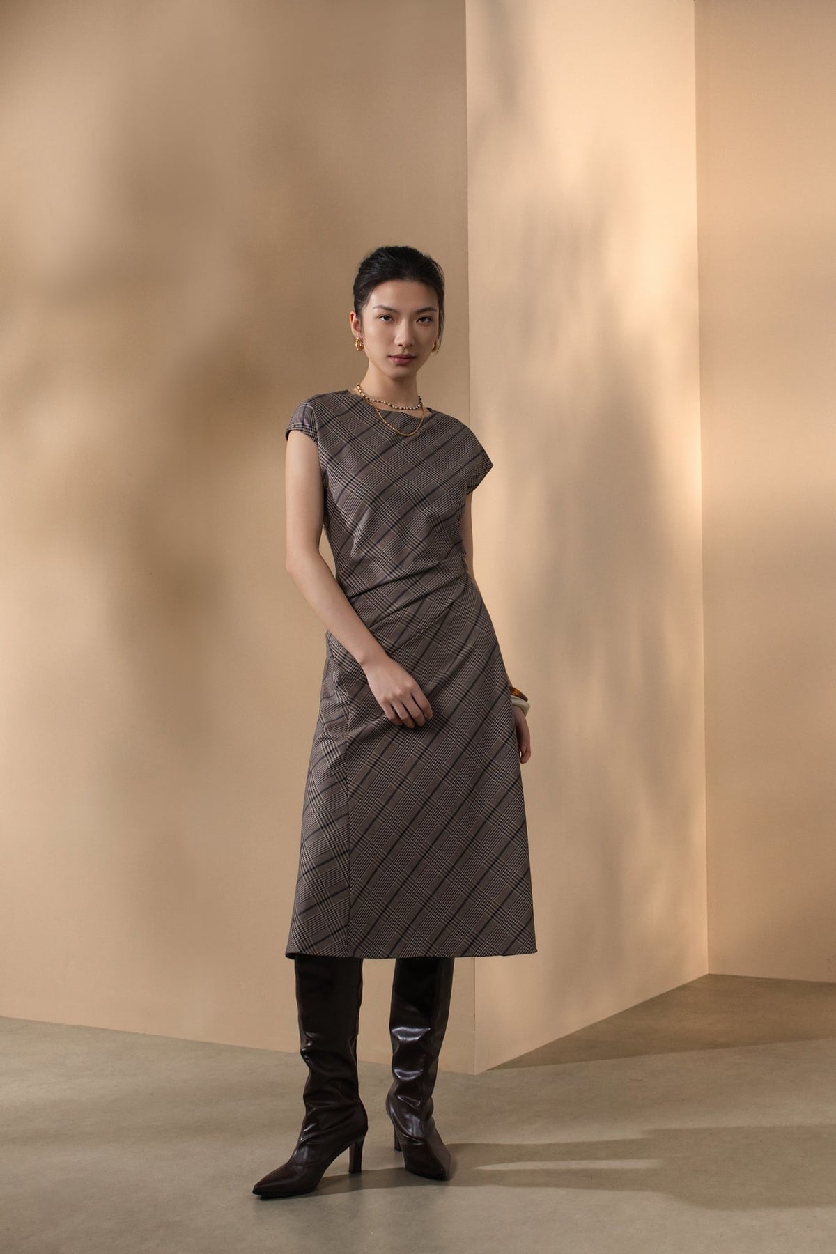 Poly Rayon Houndstooth Fit & Flare Round Neck Dress