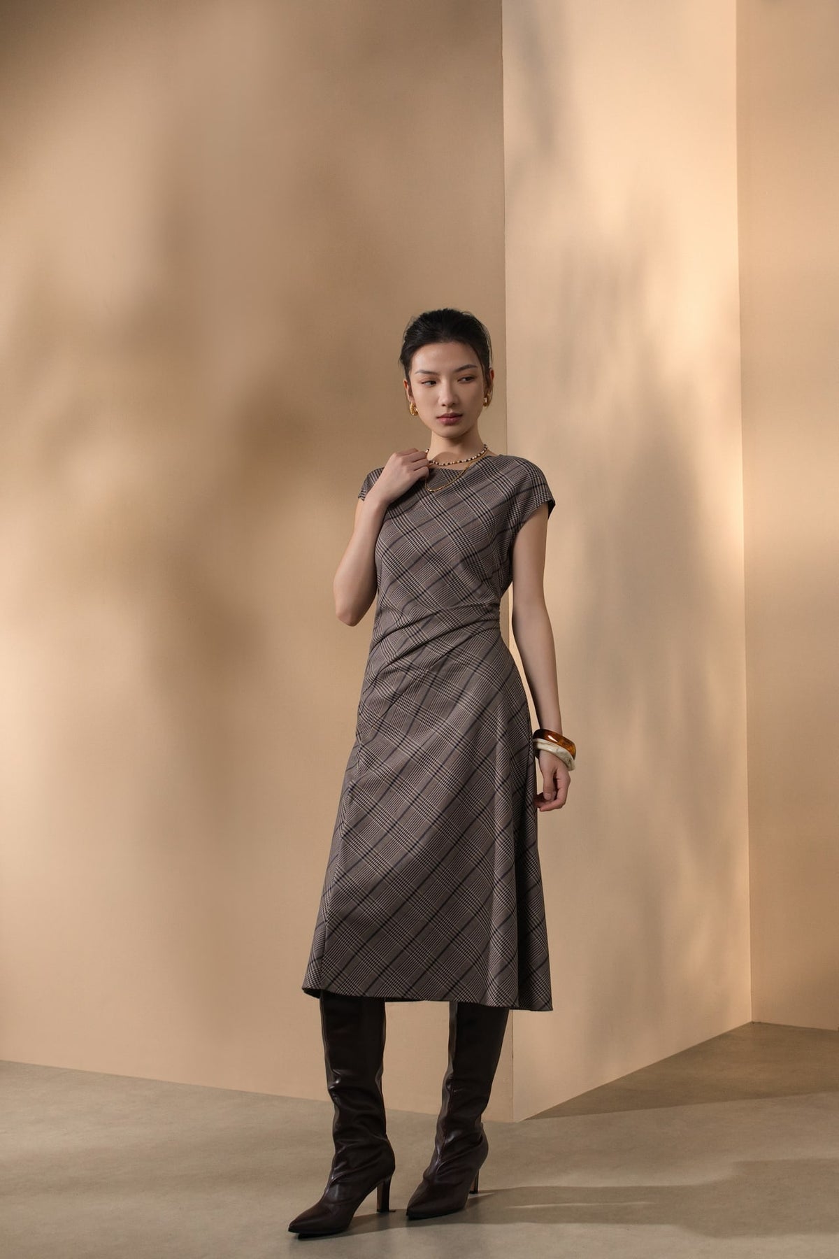 Poly Rayon Houndstooth Fit & Flare Round Neck Dress