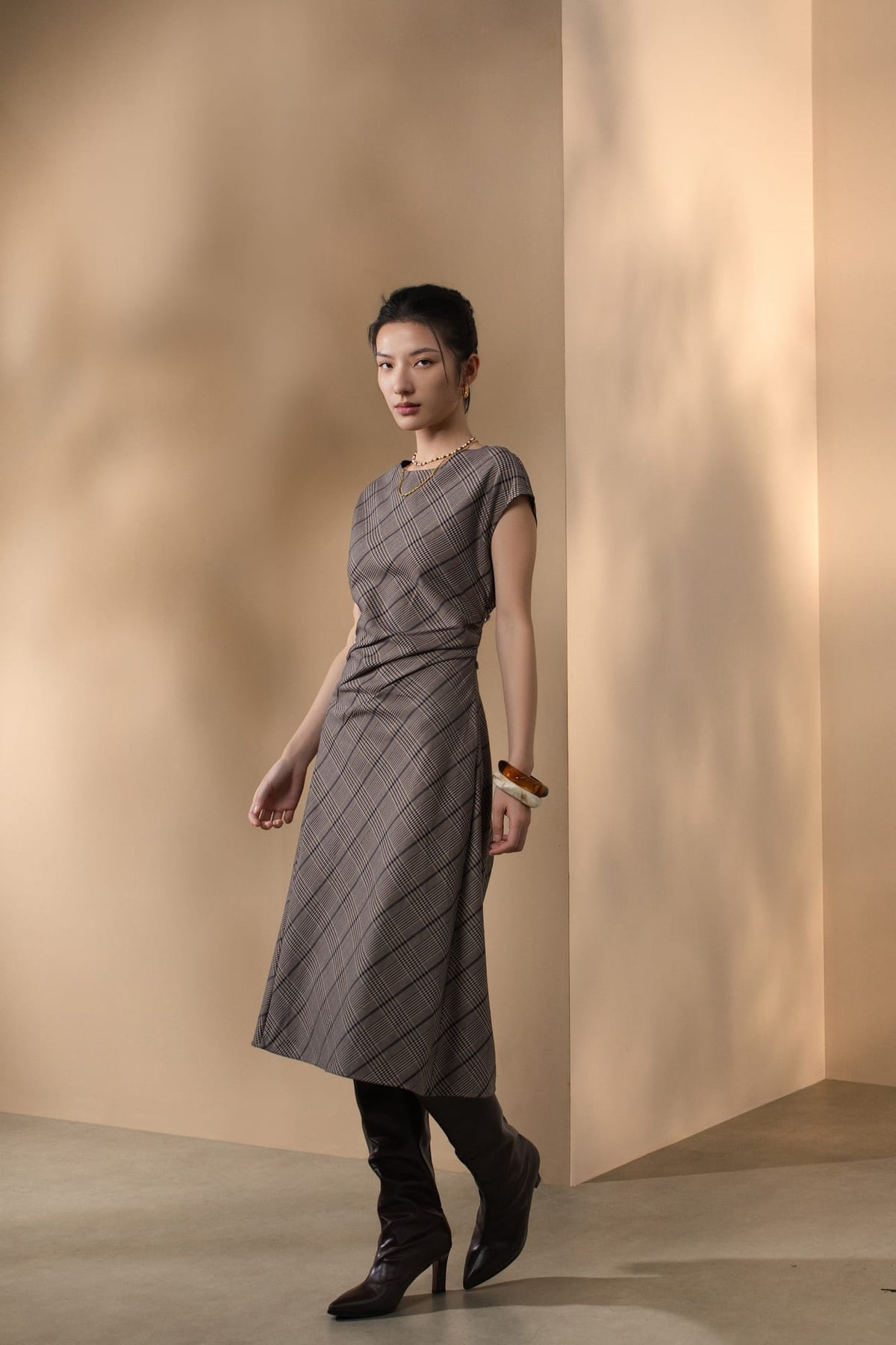 Poly Rayon Houndstooth Fit & Flare Round Neck Dress
