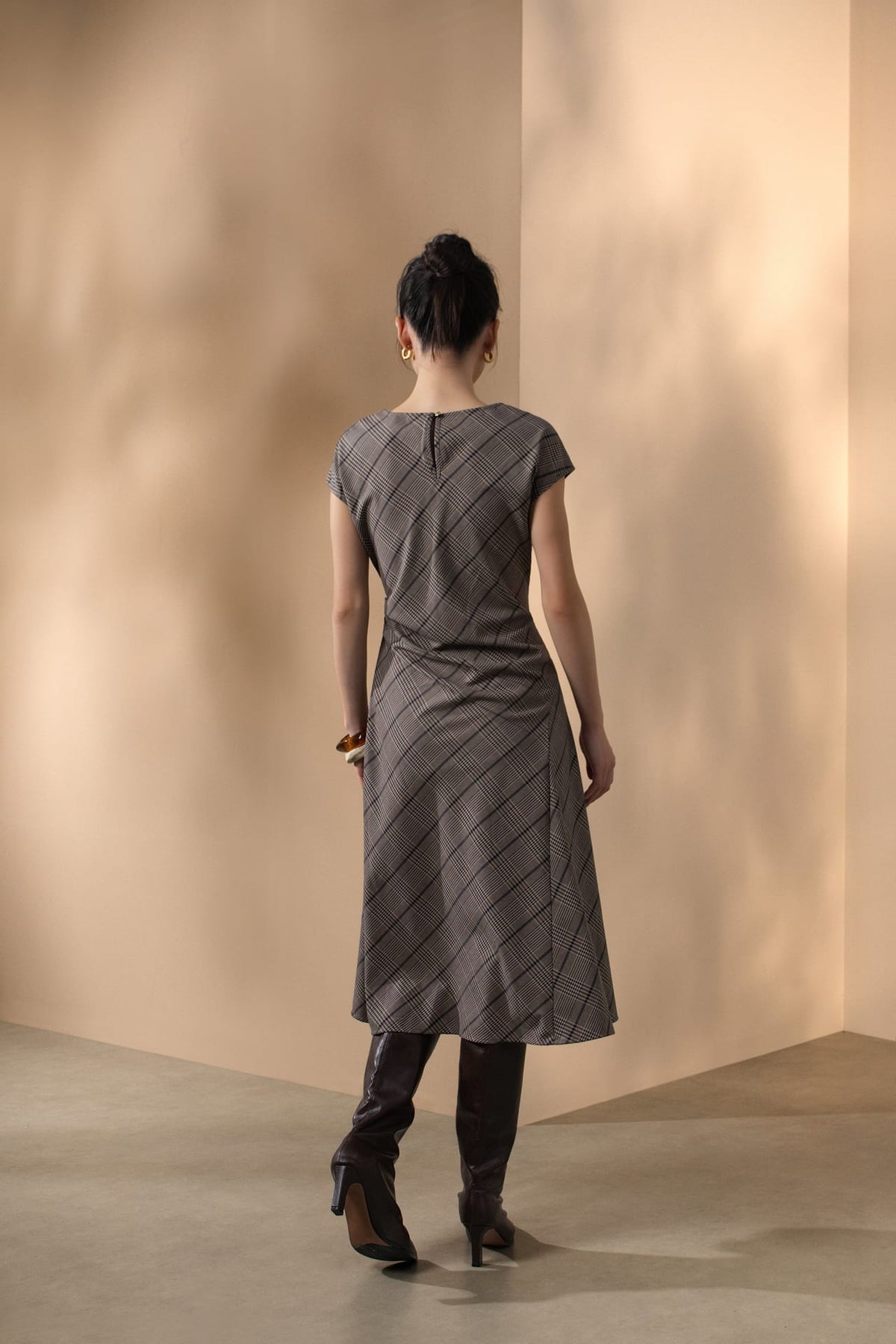 Poly Rayon Houndstooth Fit & Flare Round Neck Dress