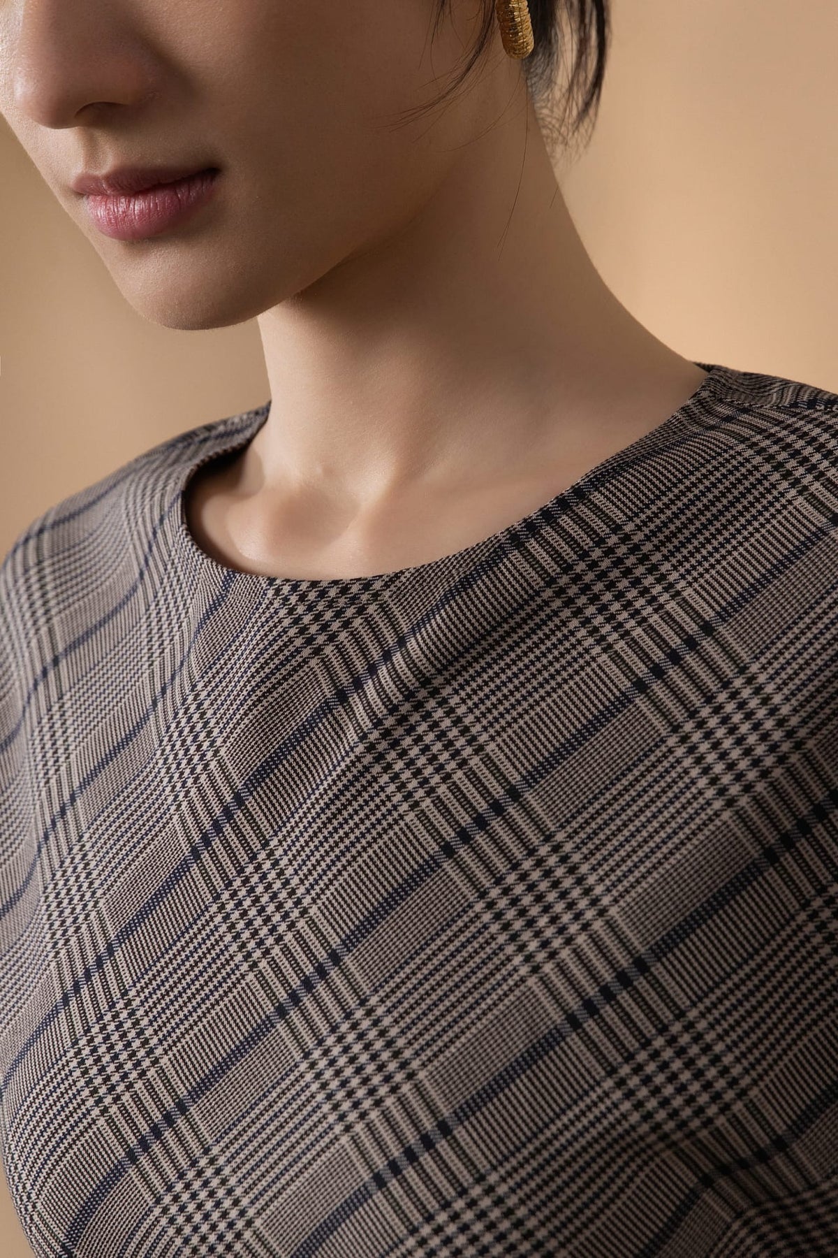Poly Rayon Houndstooth Fit & Flare Round Neck Dress