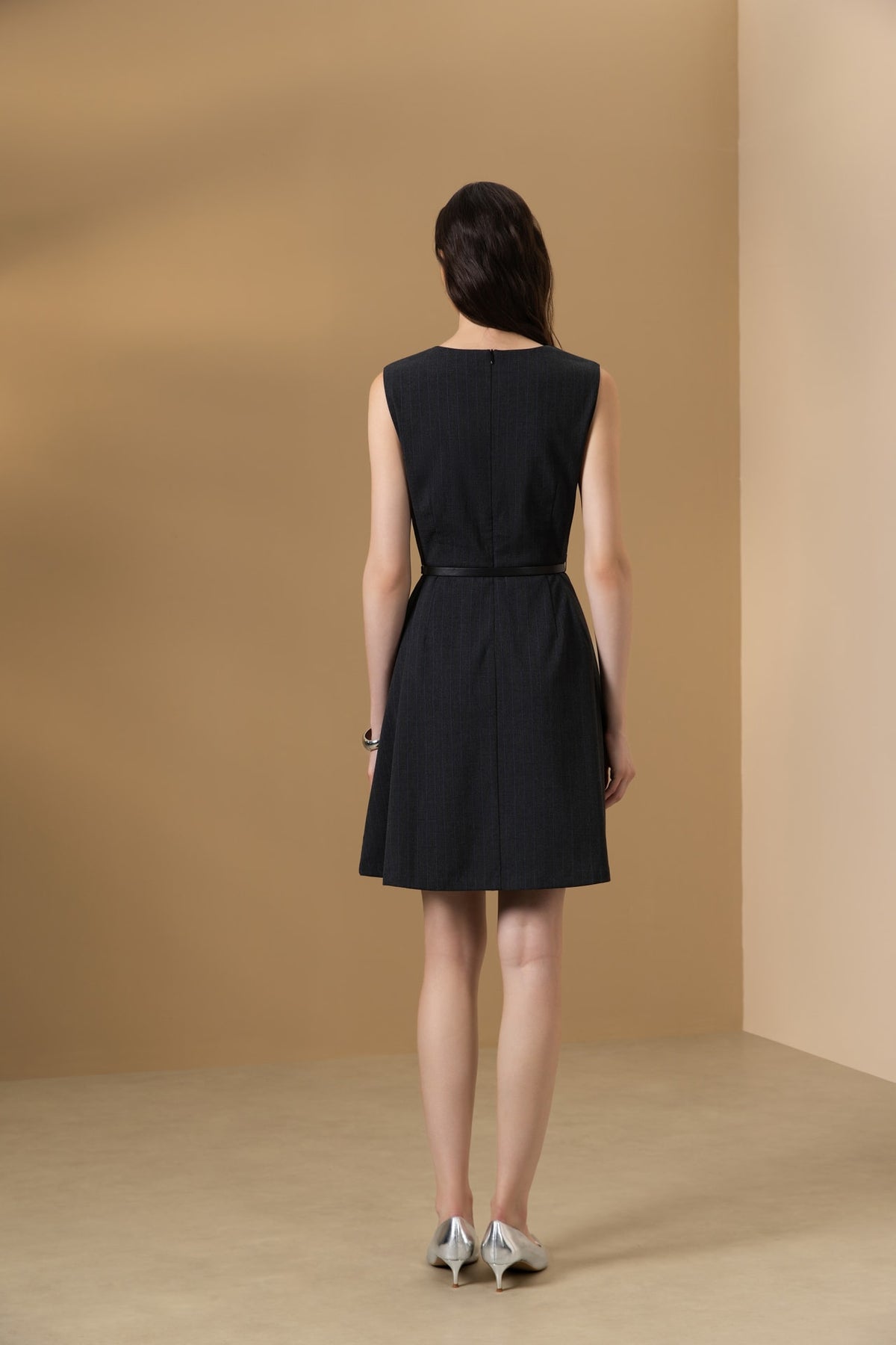 Poly Rayon Stripe Asymmetric Lapel Fit & Flare Dress with Belt