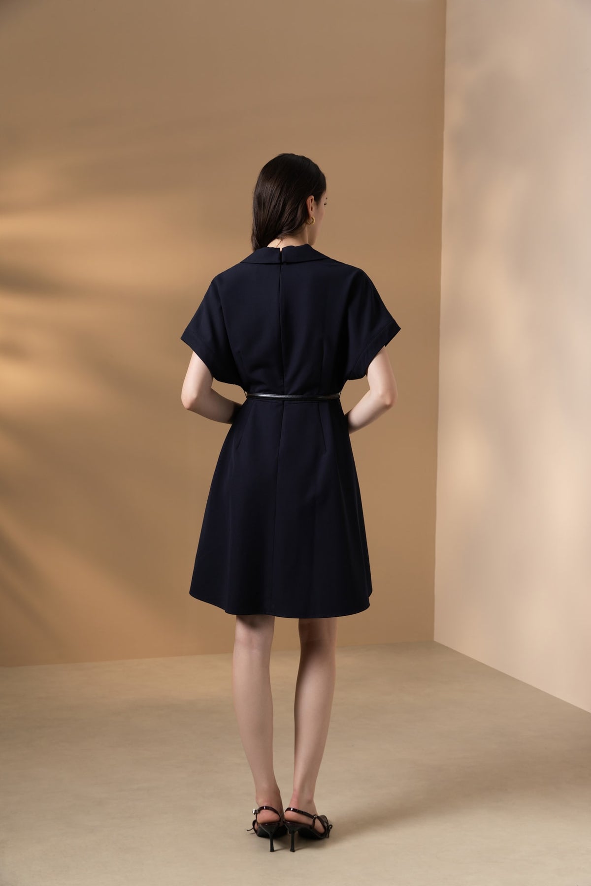 Poly Rayon Twill Fit & Flare Lapel Collar Dress with Belt