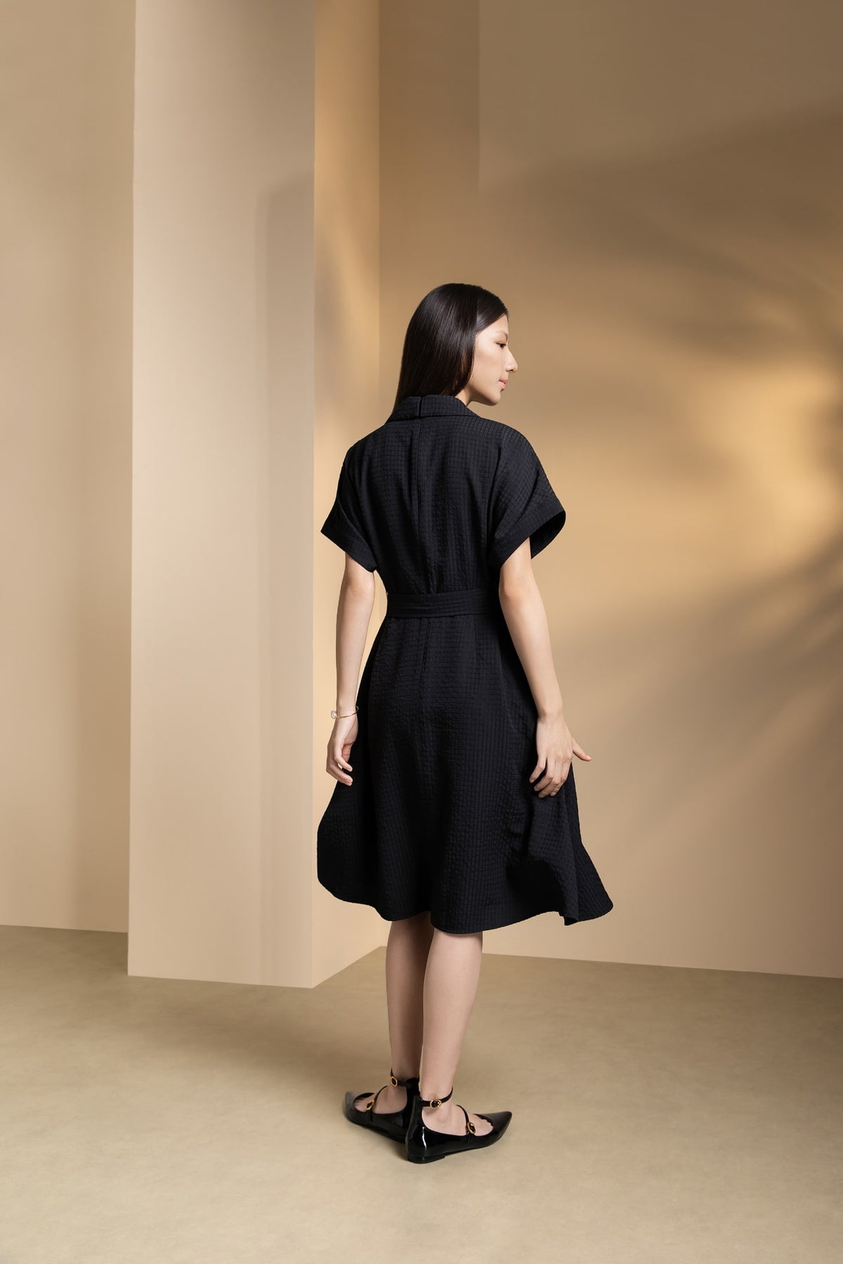 Poly Blend Seersucker Check Fit & Flare Lapel Collar Dress with Detachable Self-Fabric Belt