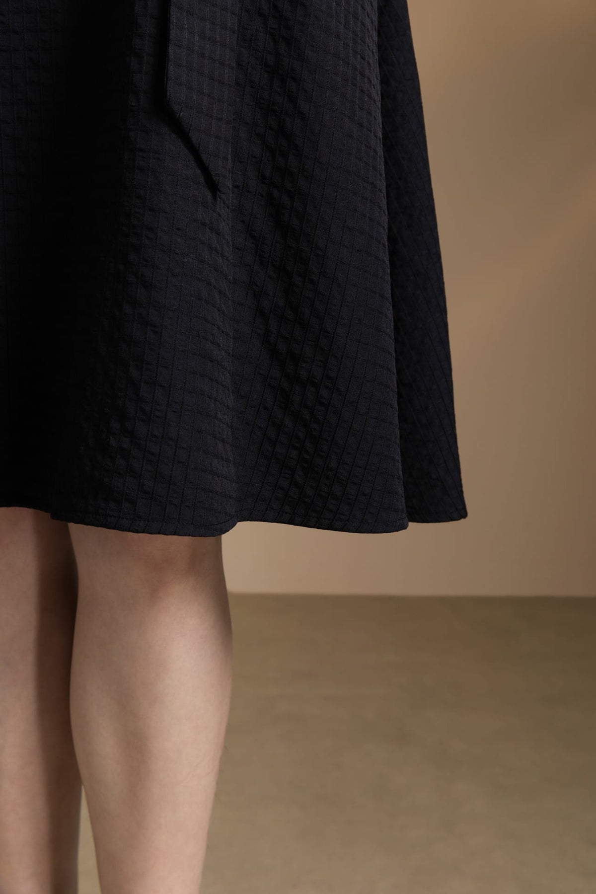 Poly Blend Seersucker Check Fit & Flare Lapel Collar Dress with Detachable Self-Fabric Belt