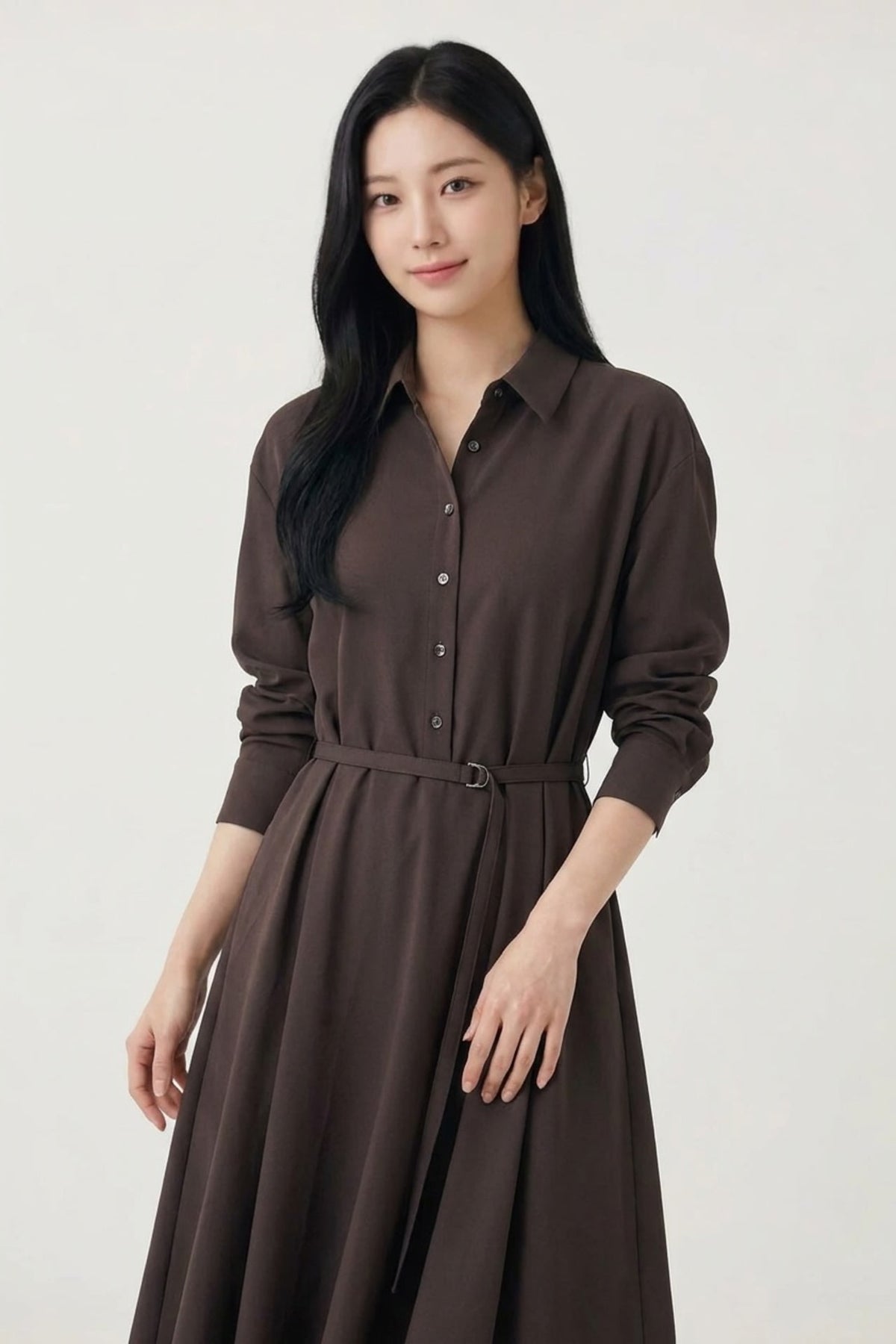 G2000 - Dresses - Multi-Way Stretch Nylon Plain Weave Fit & Flare Lapel Collar Dress with Belt - Chocolate - No Fit