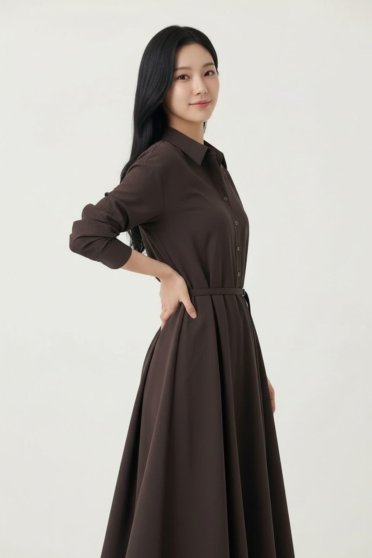 G2000 - Dresses - Multi-Way Stretch Nylon Plain Weave Fit & Flare Lapel Collar Dress with Belt