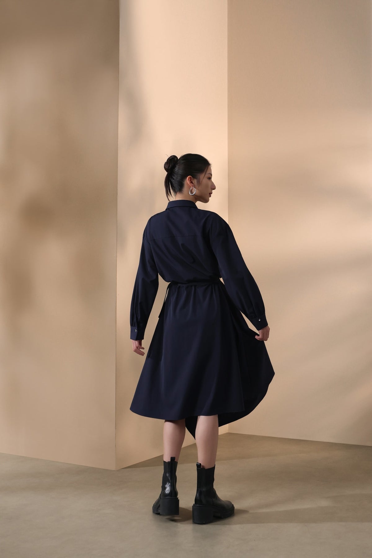 Multi-Way Stretch Nylon Plain Weave Fit & Flare Lapel Collar Dress with Belt