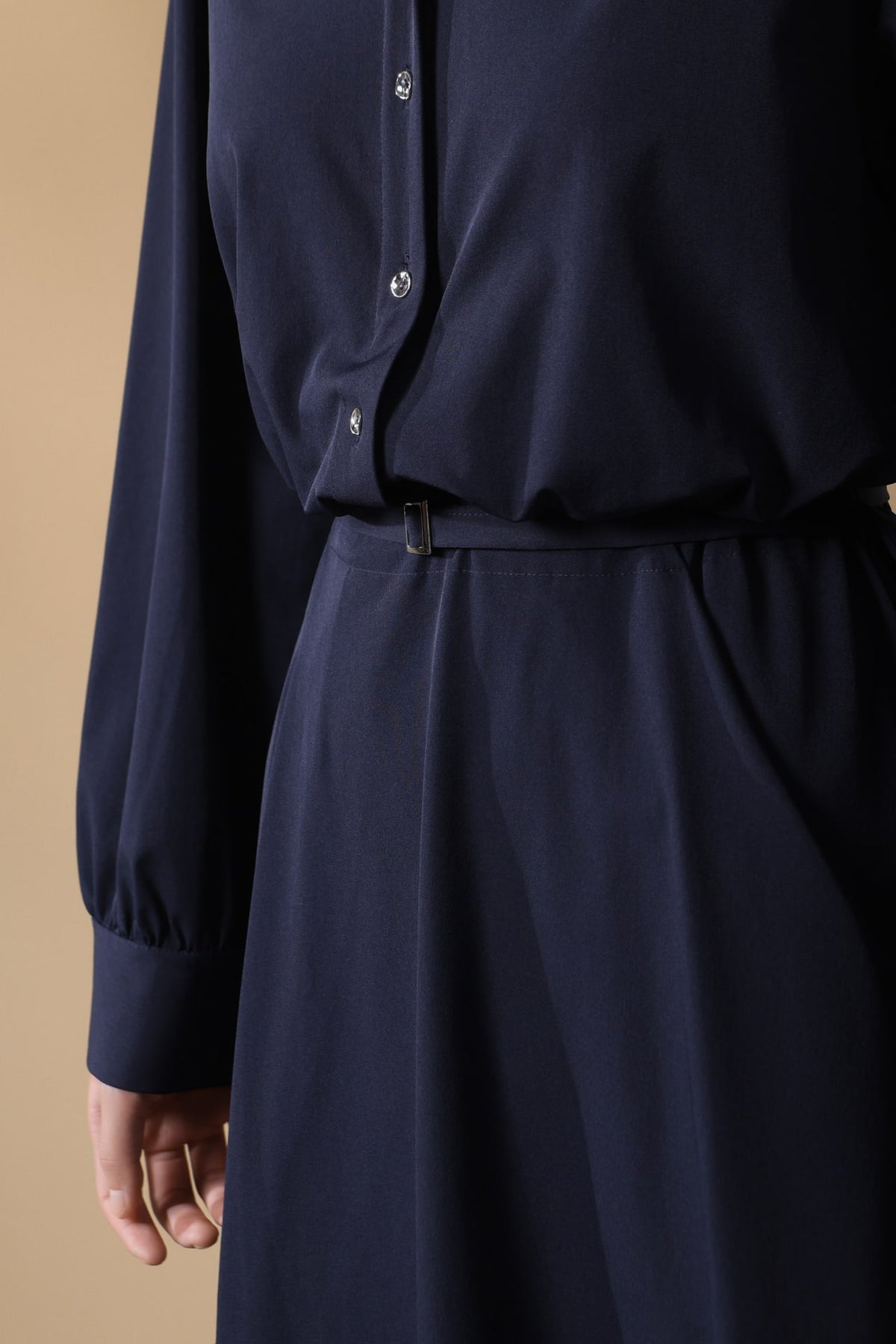 Multi-Way Stretch Nylon Plain Weave Fit & Flare Lapel Collar Dress with Belt