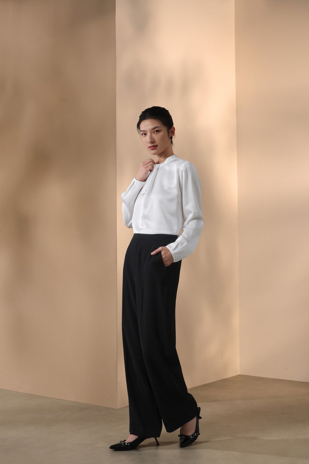 Poly Satin Regular Fit Stand Collar Blouse