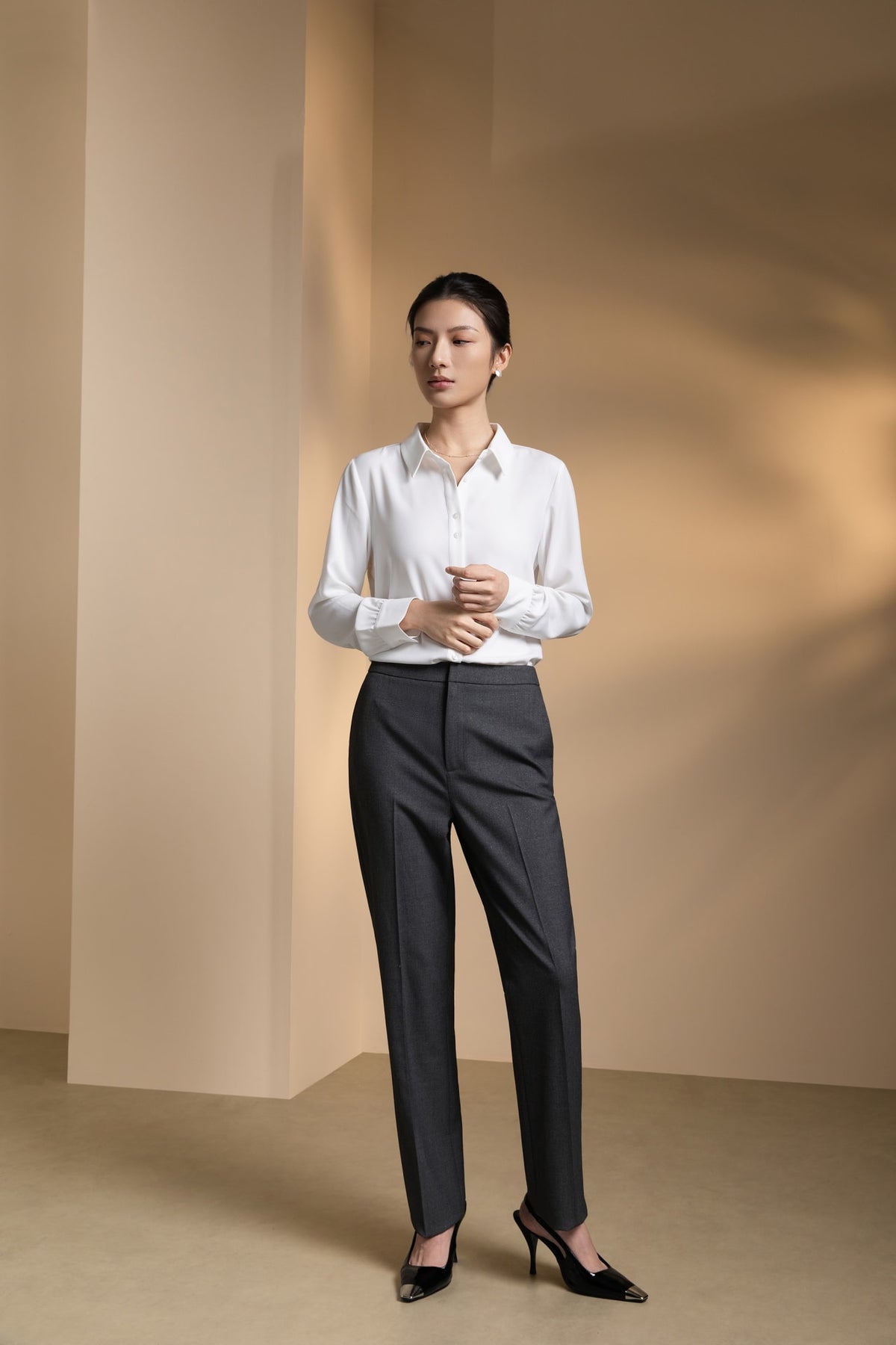 Poly Crepe Crinkle Regular Fit Shirt Collar Blouse