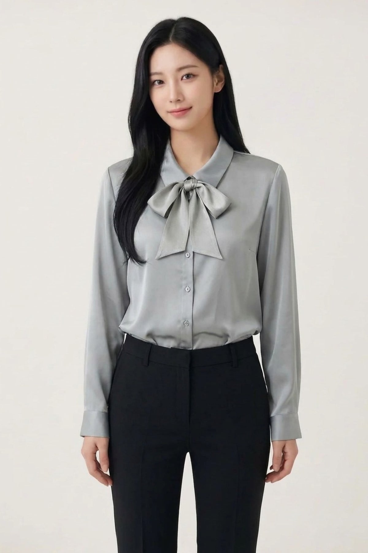 G2000 - Blouses - Poly Fine Twill Regular Fit Shirt Collar Blouse with Detachable Organza Bow - Stormy Sea - Regular