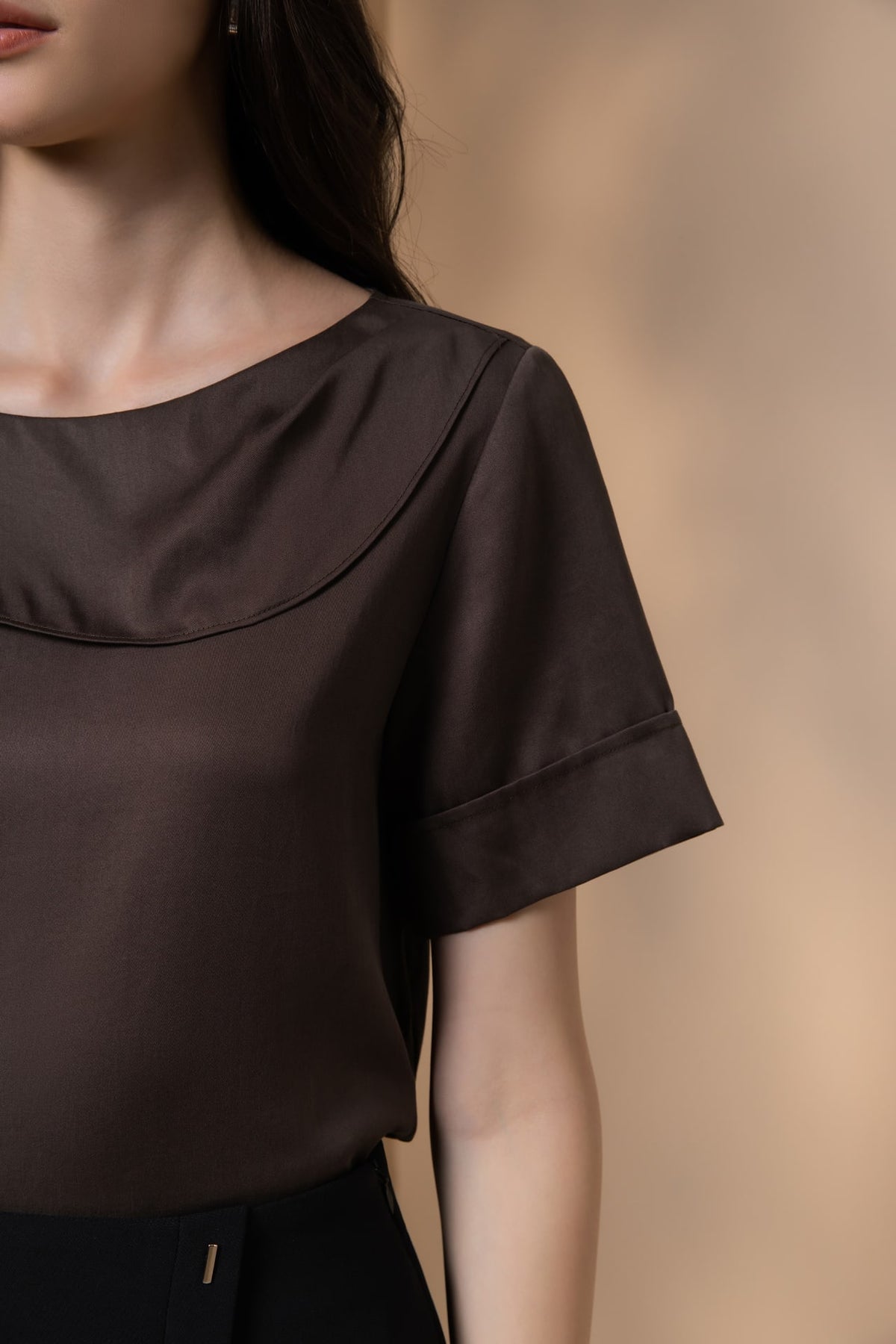 Lyocell Twill Regular Fit Drape Collar Short Sleeve Blouse