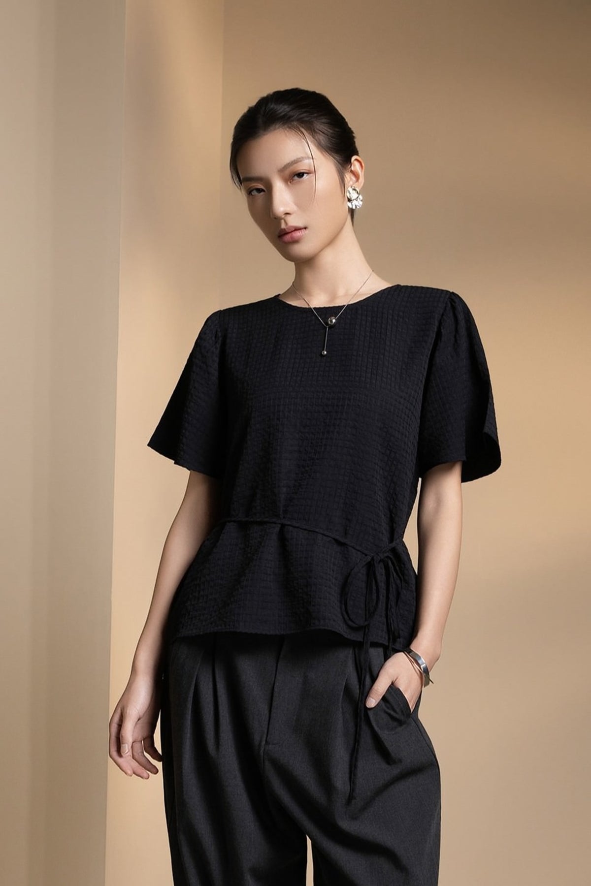 Poly Blend Seersucker Check Relax Fit Round Neck Short Sleeve Blouse with Self-Fabric Thin Belt