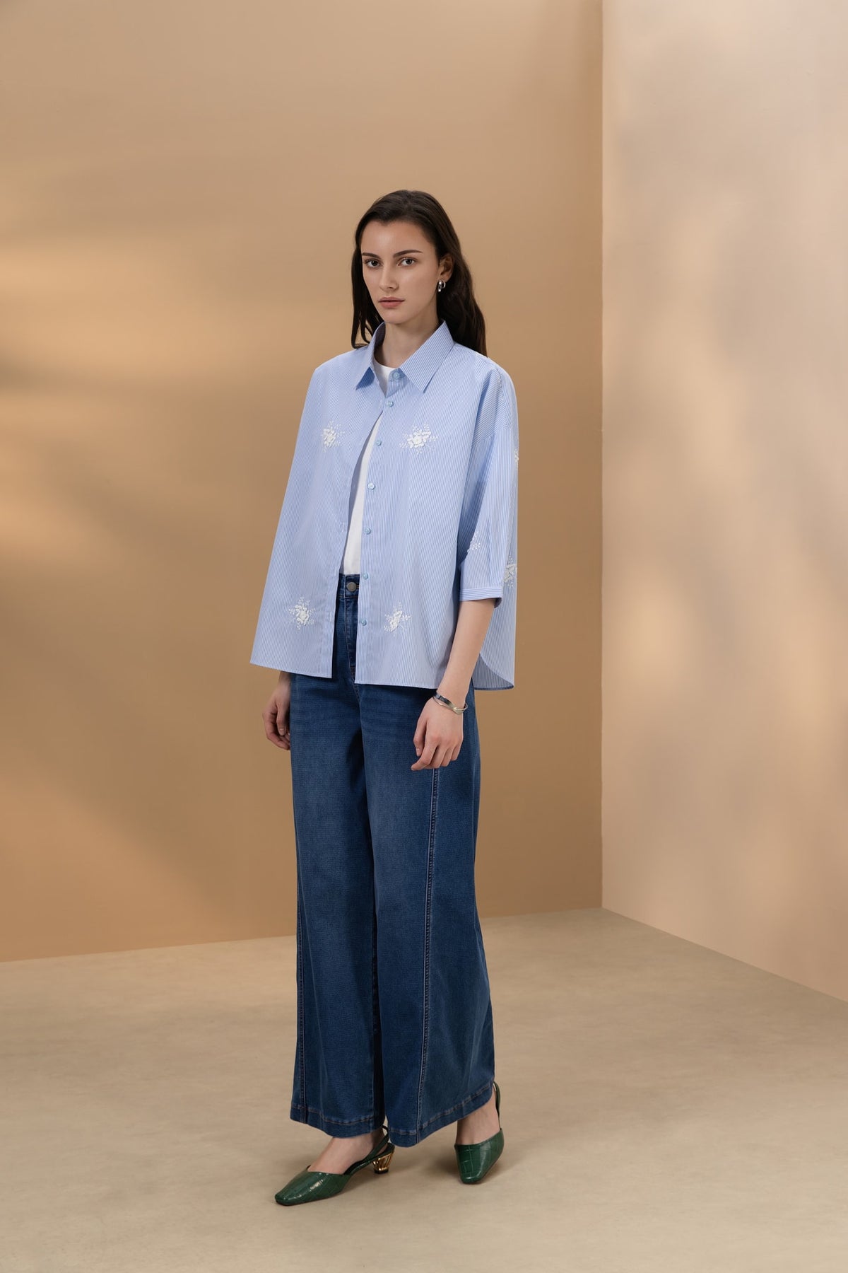 Cotton Blend Stripe Embroidery Oversize Fit Shirt Collar Short Sleeve Blouse