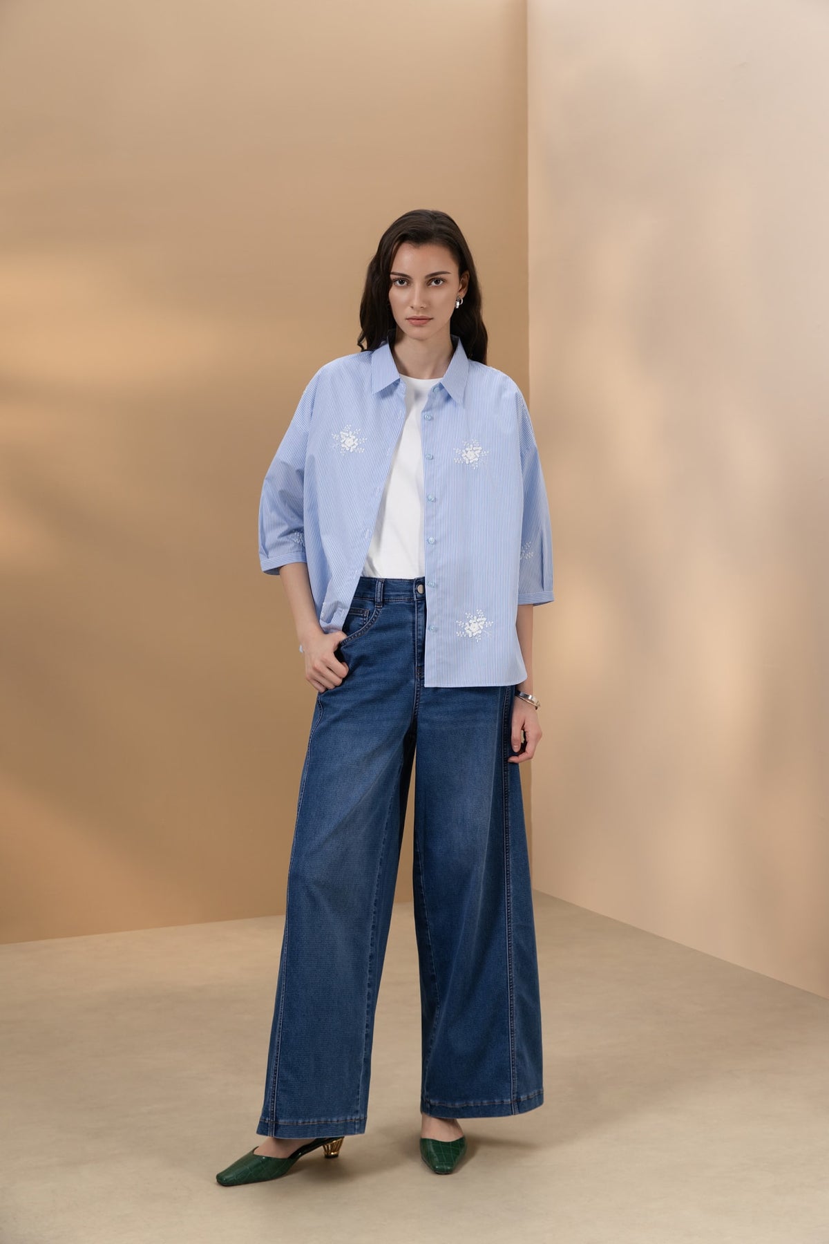 Cotton Blend Stripe Embroidery Oversize Fit Shirt Collar Short Sleeve Blouse