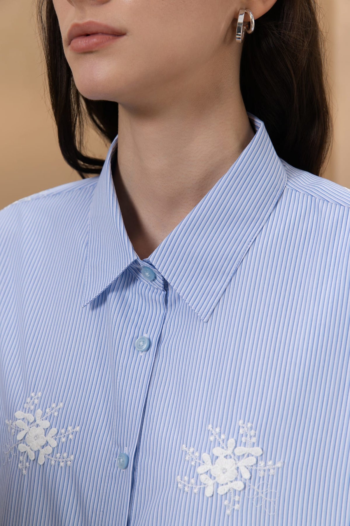 Cotton Blend Stripe Embroidery Oversize Fit Shirt Collar Short Sleeve Blouse