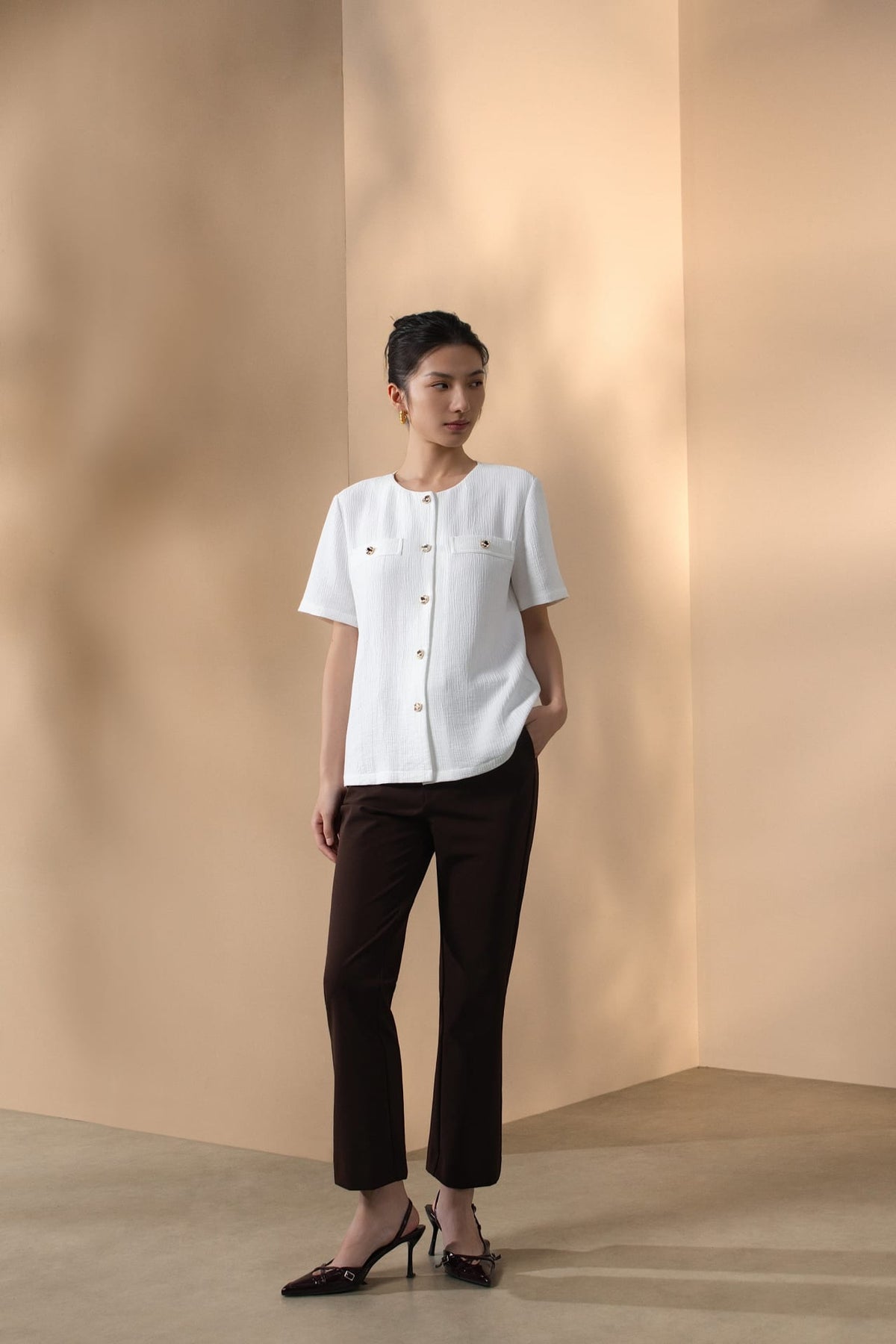 Nylon Blend Double Weave Regular Fit Short Sleeve Blouse