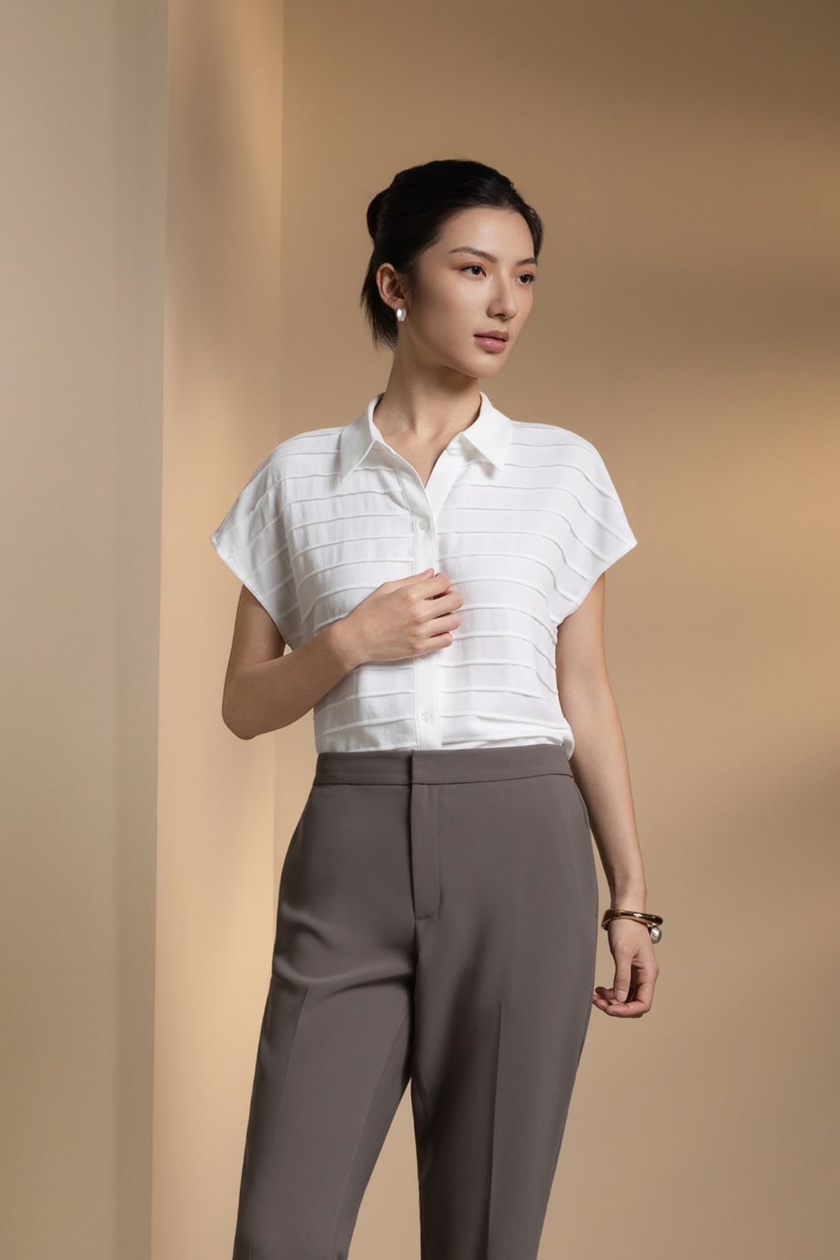 Poly Crepe Regular Fit Shirt Collar Short Sleeve Blouse