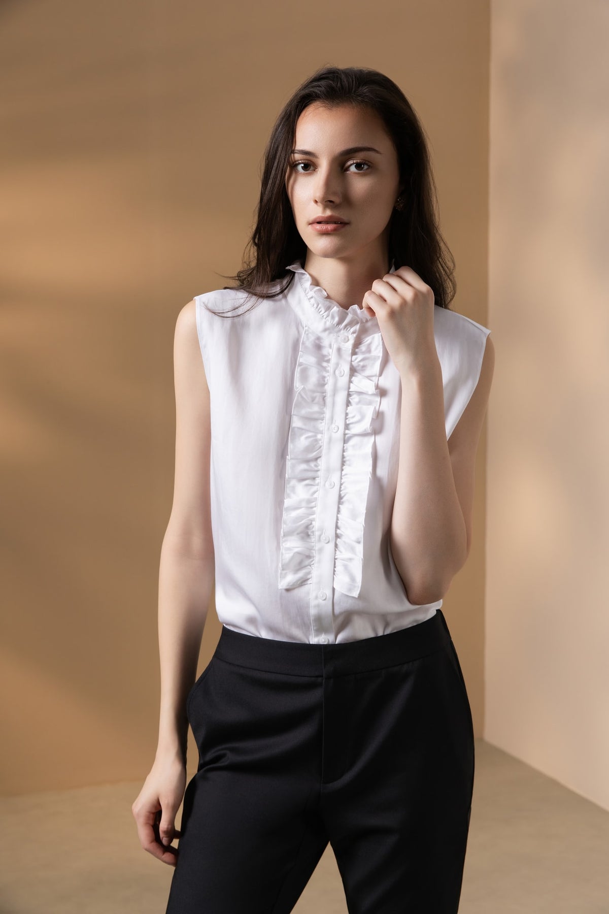 Lyocell Twill Regular Fit Stand Collar Sleeveless Blouse