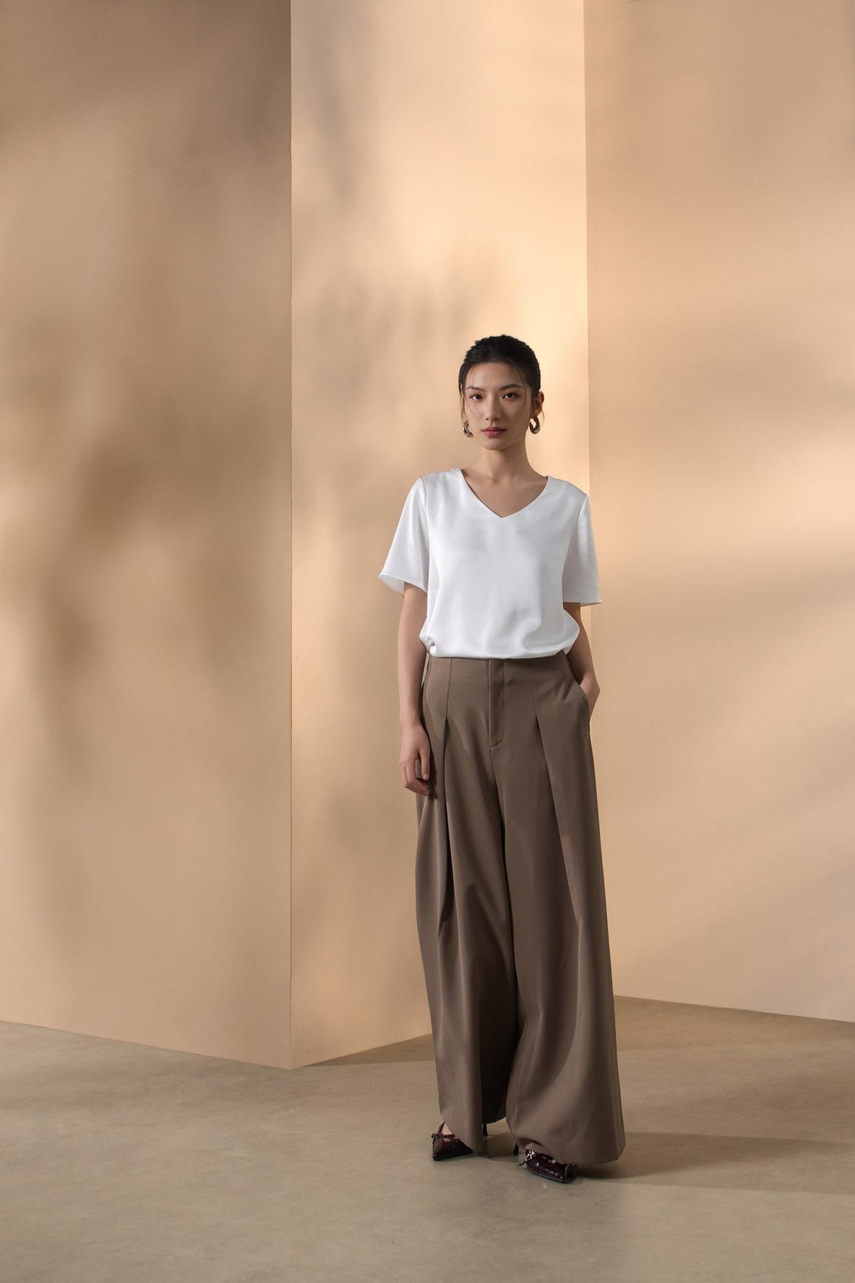 Poly Twill Wide Leg Casual Pants