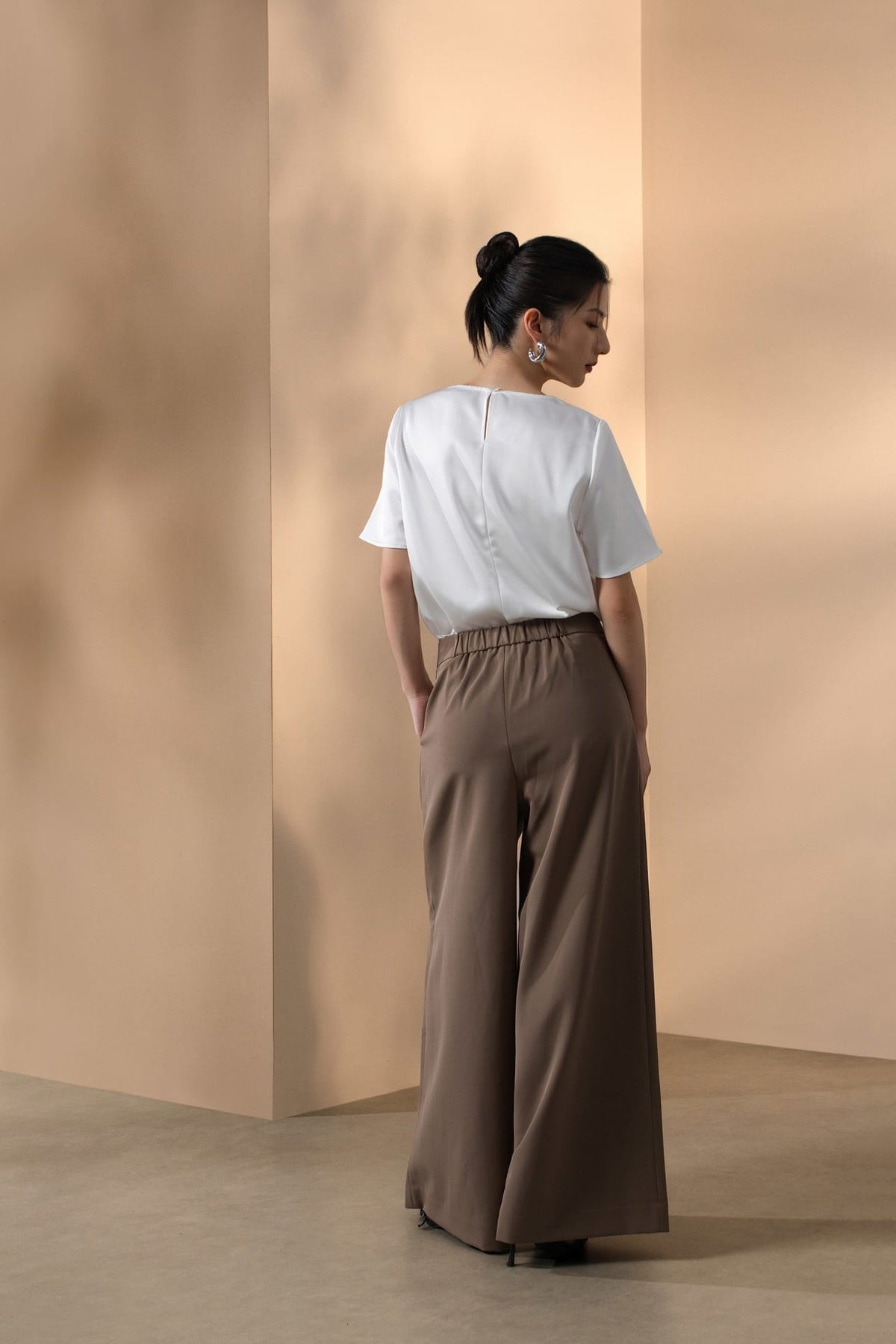Poly Twill Wide Leg Casual Pants