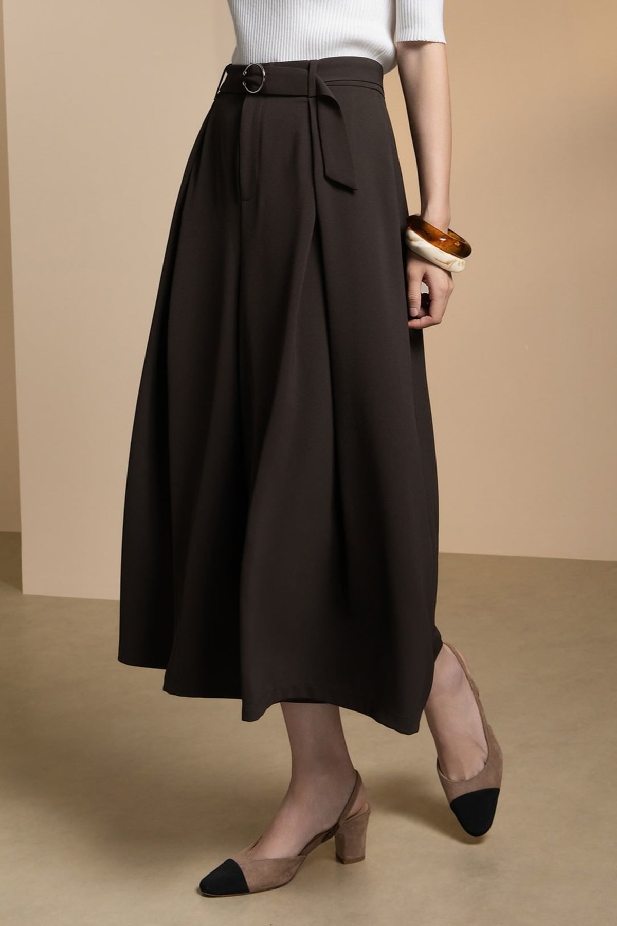 Poly Twill Wide Leg Casual Pants with Square Buckle Self-Fabric Belt