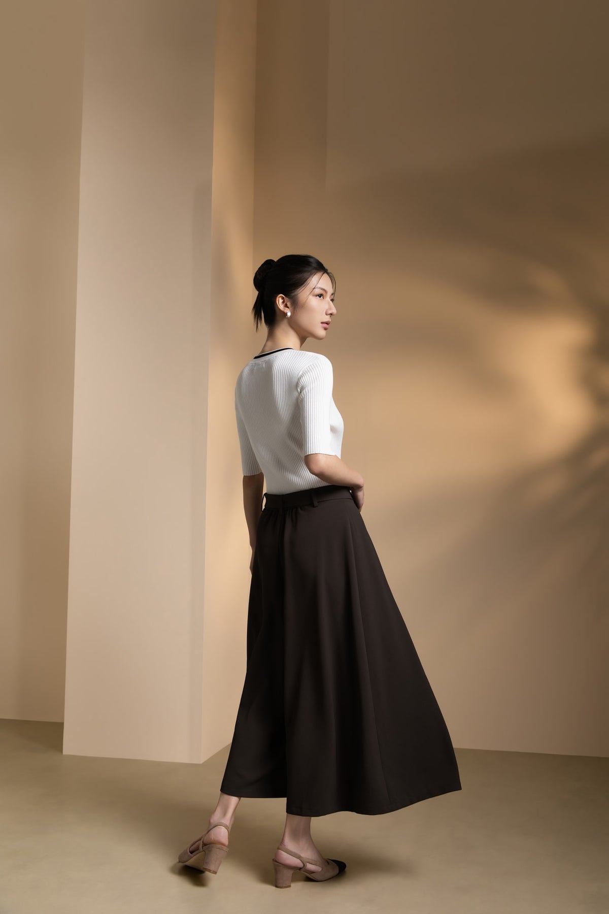 Poly Twill Wide Leg Casual Pants with Square Buckle Self-Fabric Belt
