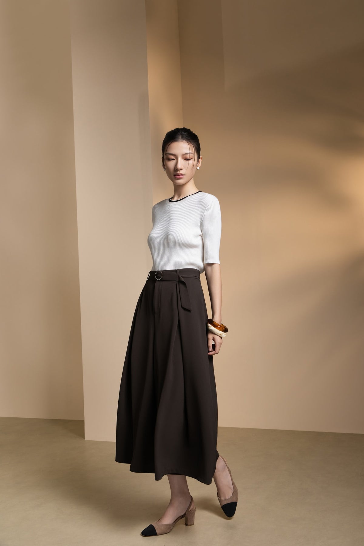 Poly Twill Wide Leg Casual Pants with Square Buckle Self-Fabric Belt