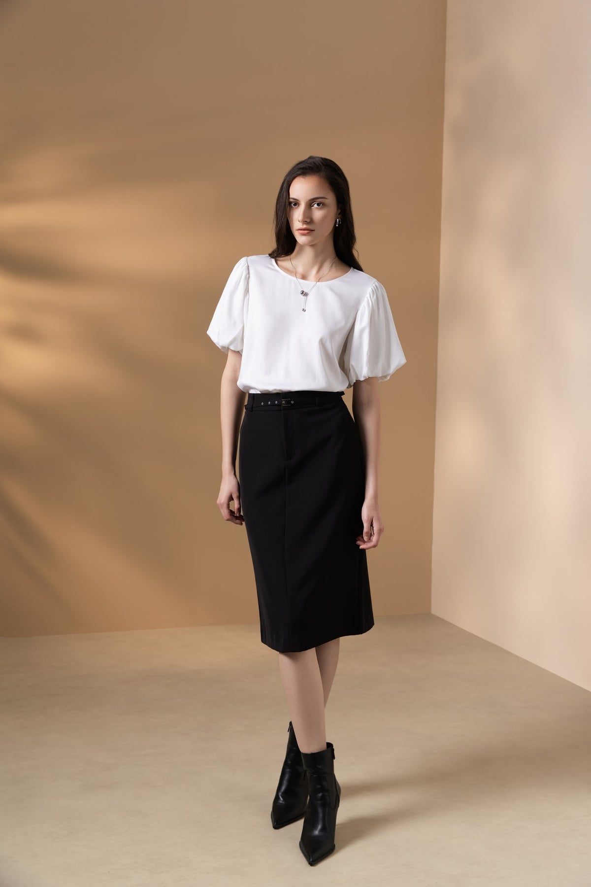 Poly Twill A-Shape Skirt with Belt