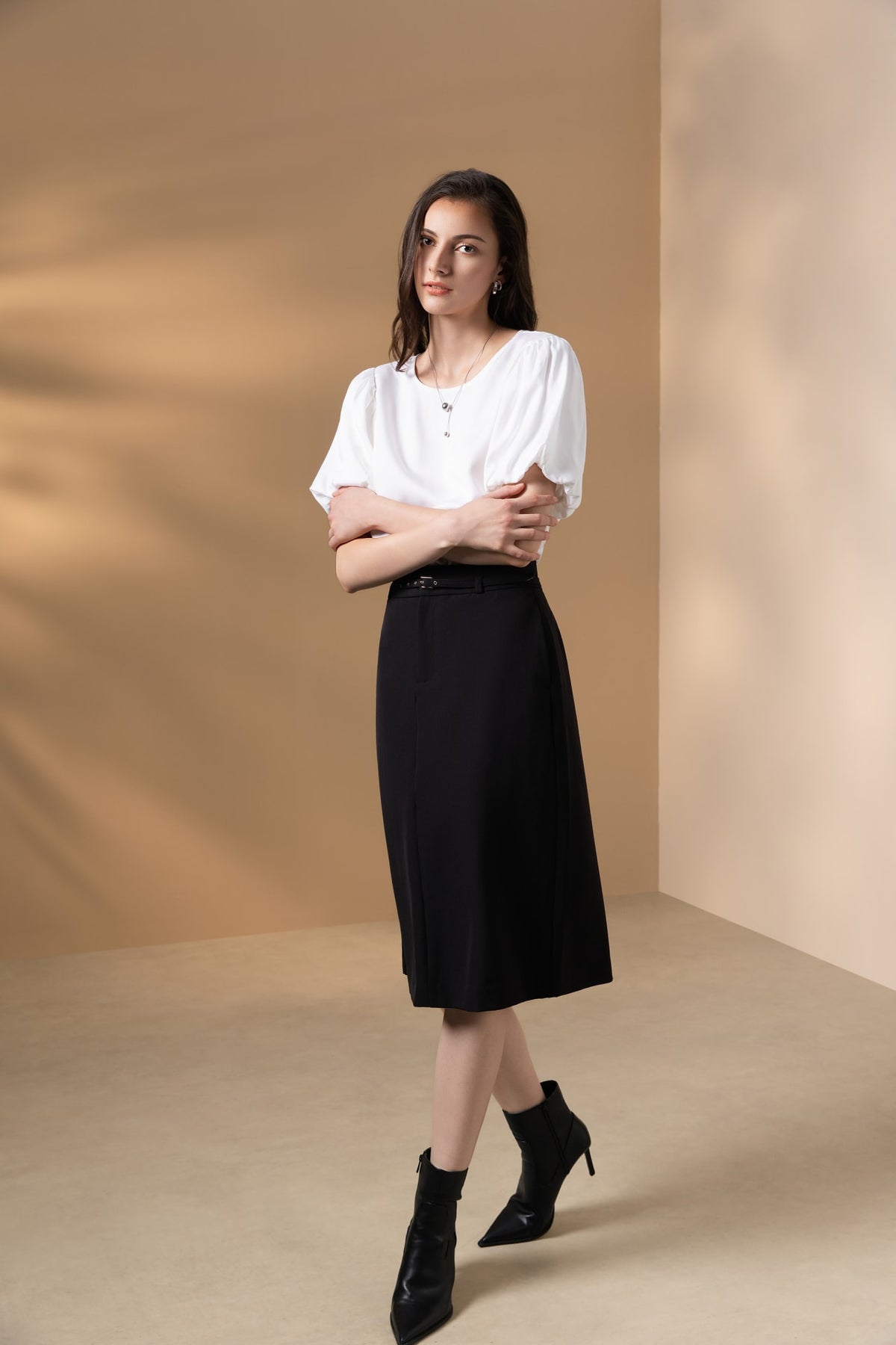 Poly Twill A-Shape Skirt with Belt