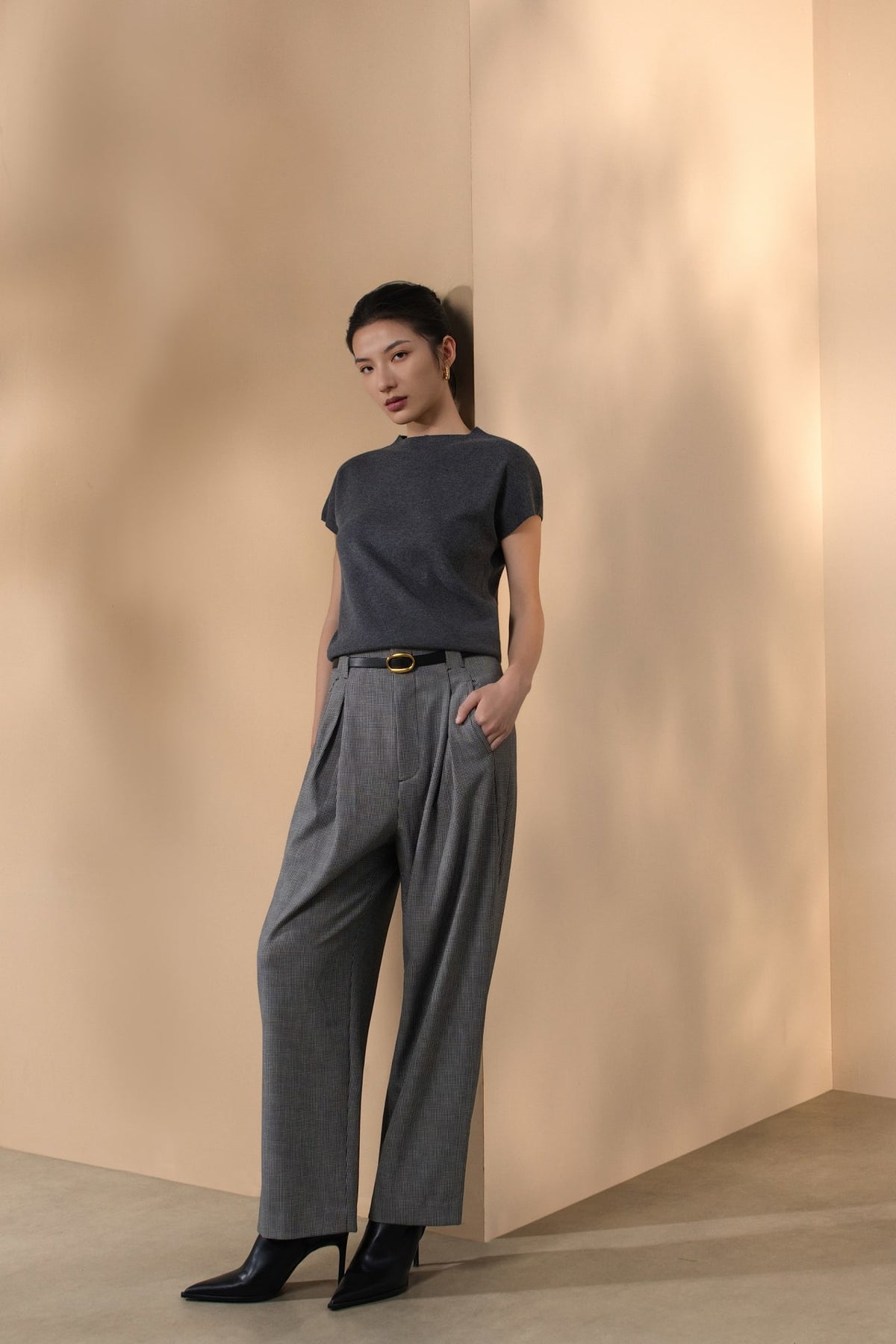 Poly Rayon Houndstooth Genie Casual Pants with Belt