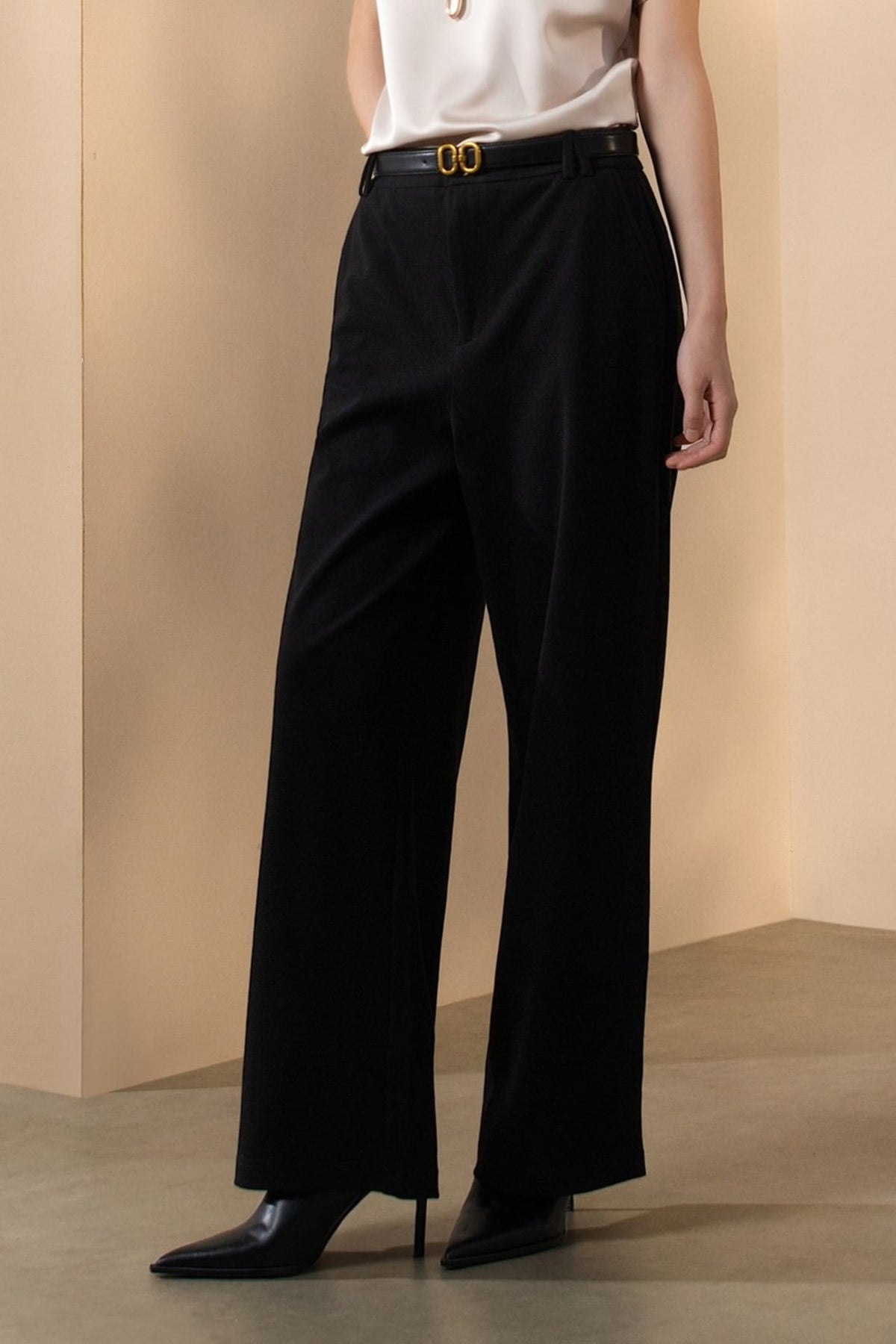 Cotton Blend Pique Twill Straight Leg Casual Pants with Belt