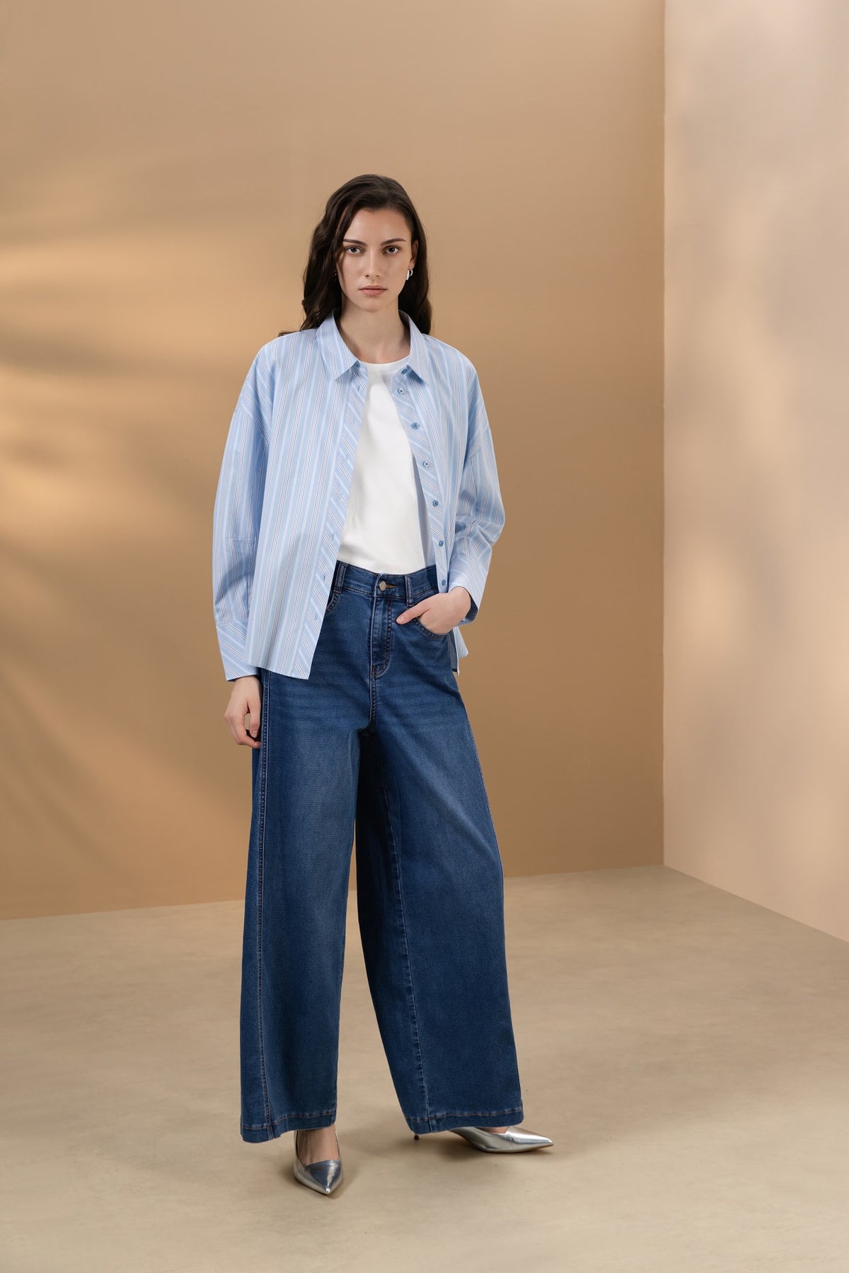 Cotton Blend Twill Wide Leg Denim