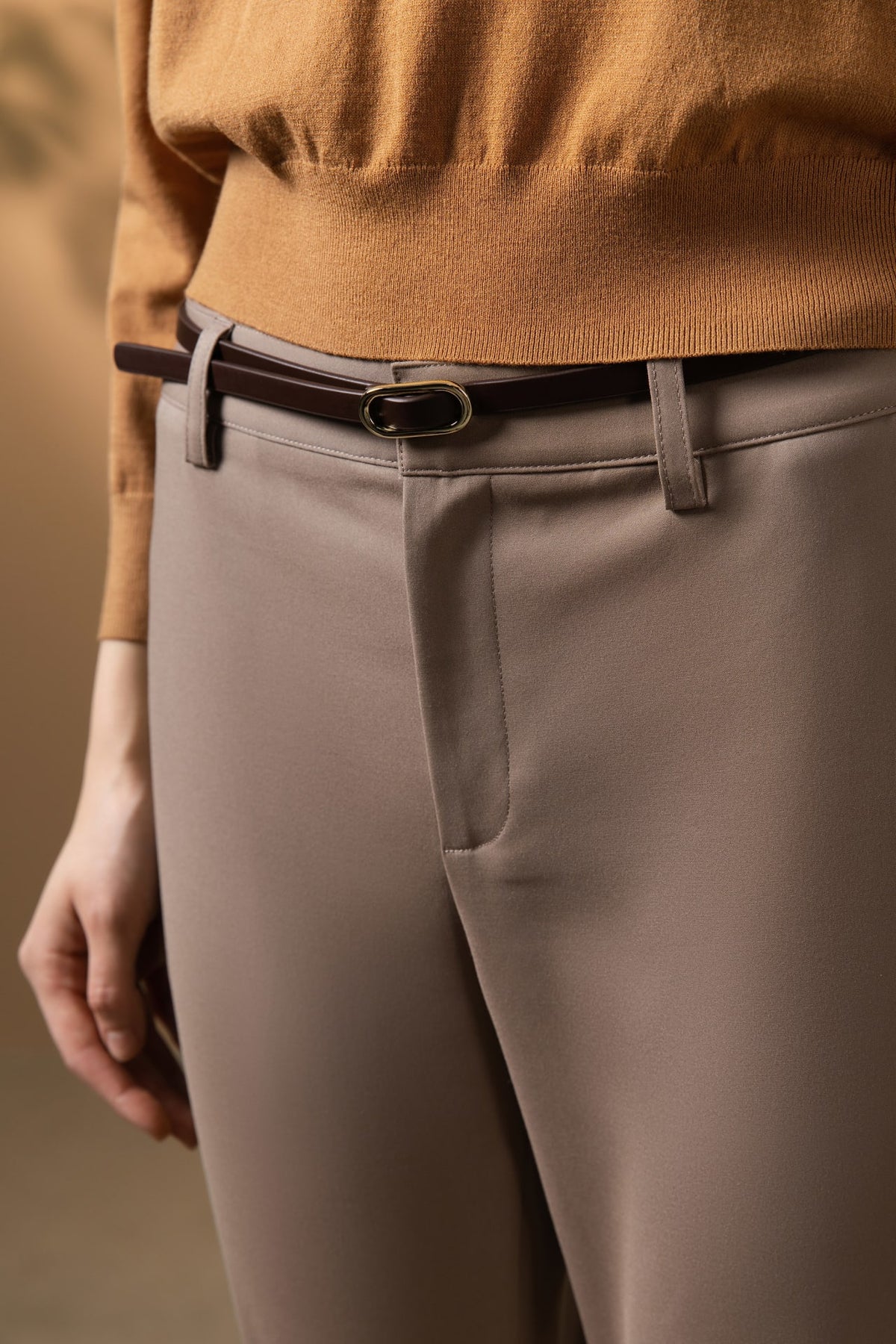 Cotton Nylon Double Weave Skinny Casual Pants with Belt
