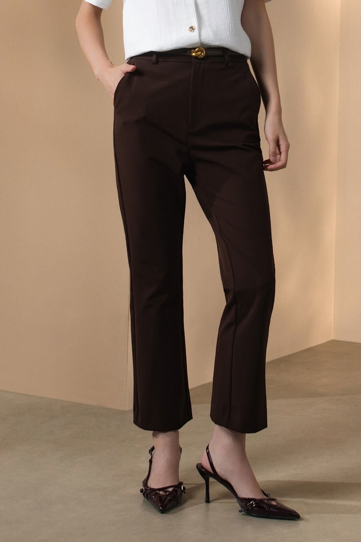 Multi-Way Stretch Nylon Plain Weave Comfort Slim Boot Casual Pants with Belt