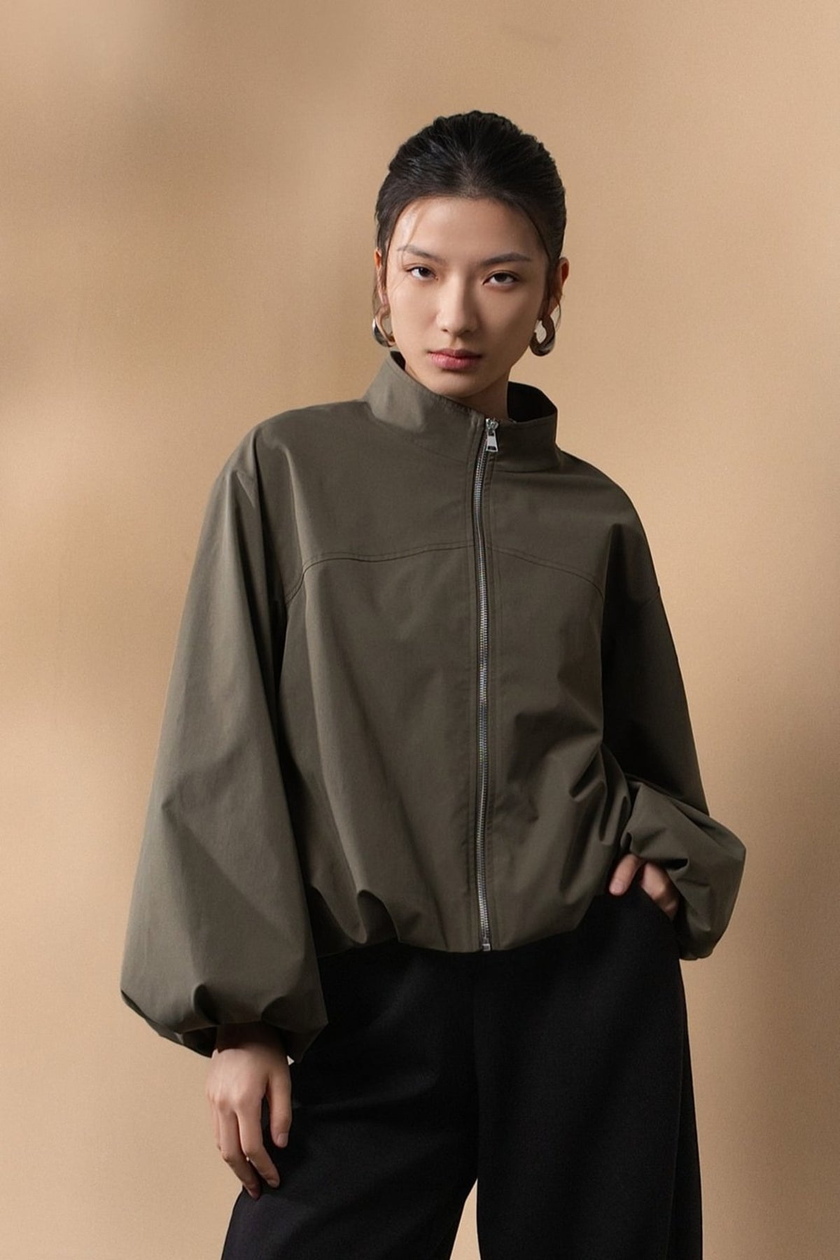 Poly Plain Weave Stand Collar Jacket