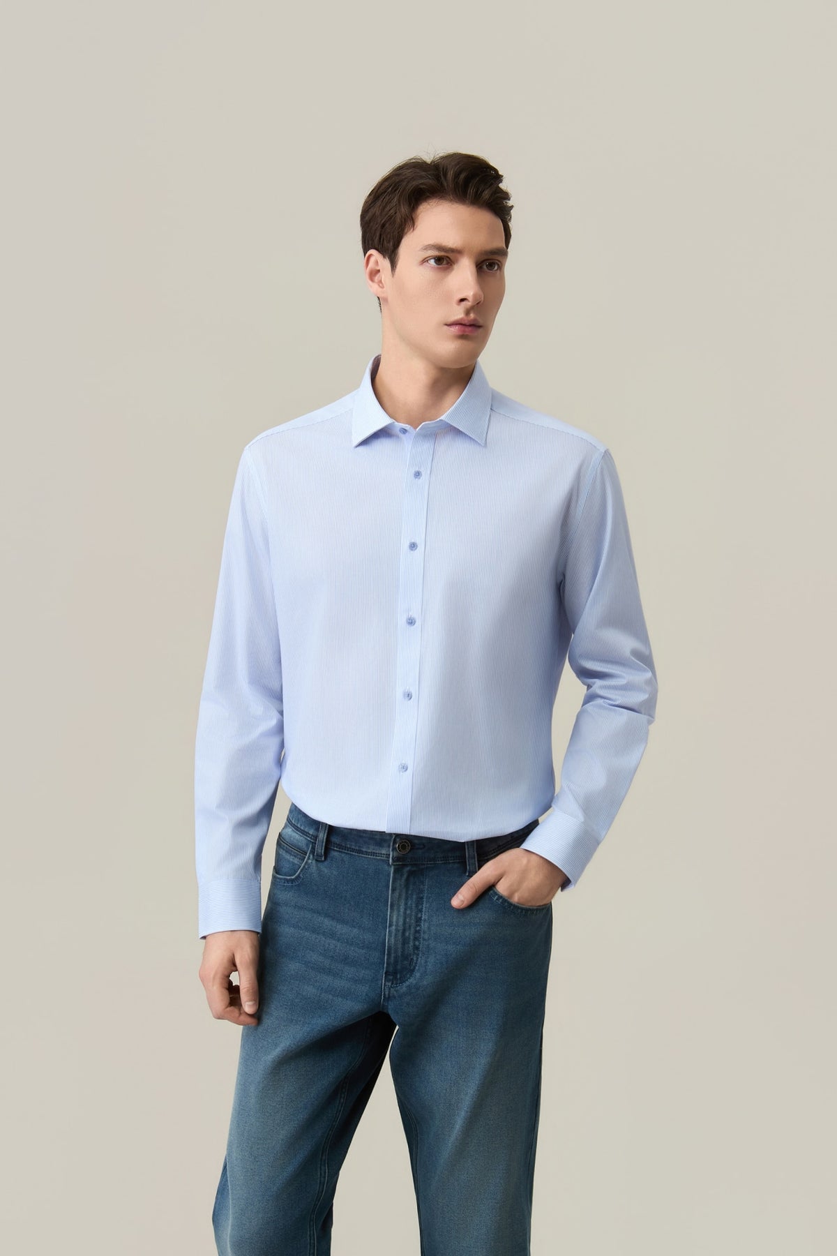 G2000 - Shirts - Non-Iron Easy Care Cotton Blend Stripe Smart Fit Long Sleeve Shirt - TwilightBLU - Smart
