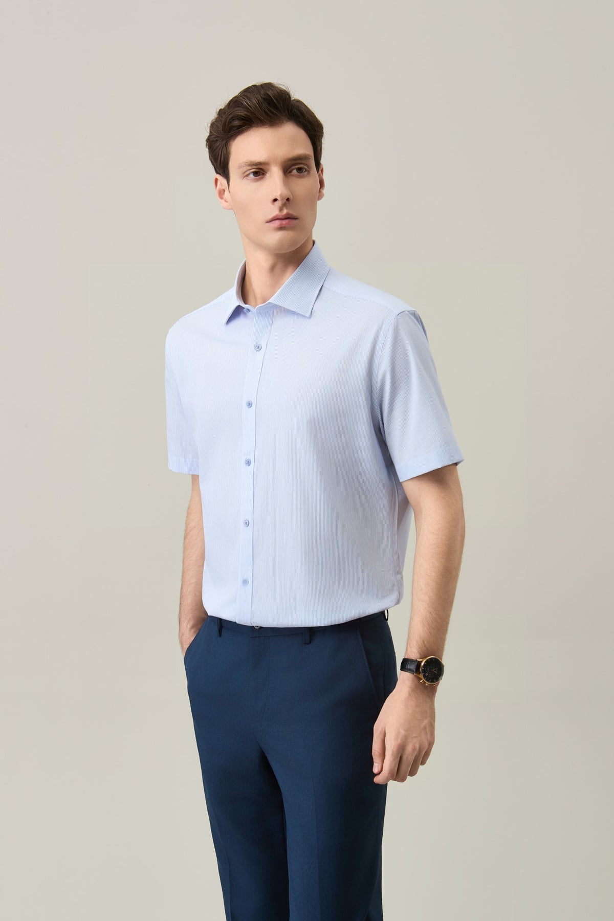 Non-Iron Easy Care Cotton Blend Stripe Smart Fit Short Sleeve Shirt