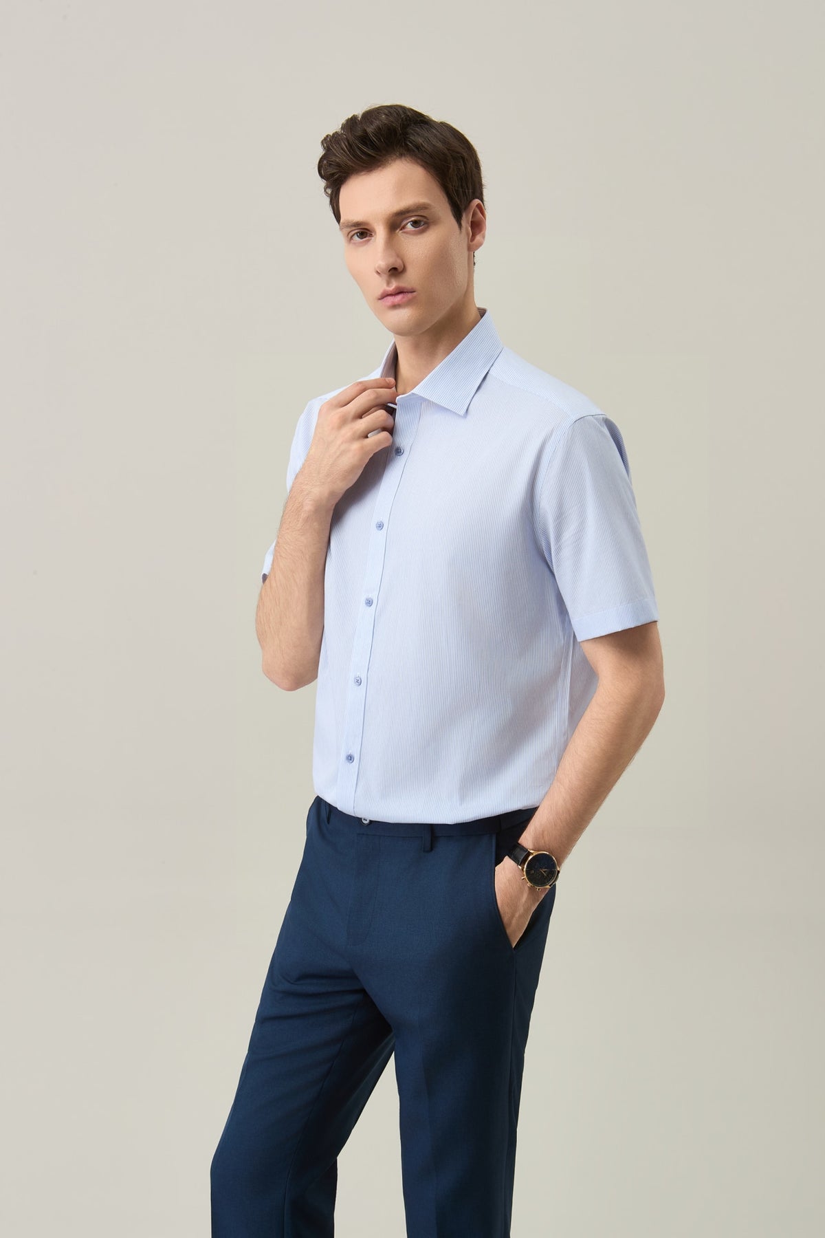 Non-Iron Easy Care Cotton Blend Stripe Smart Fit Short Sleeve Shirt