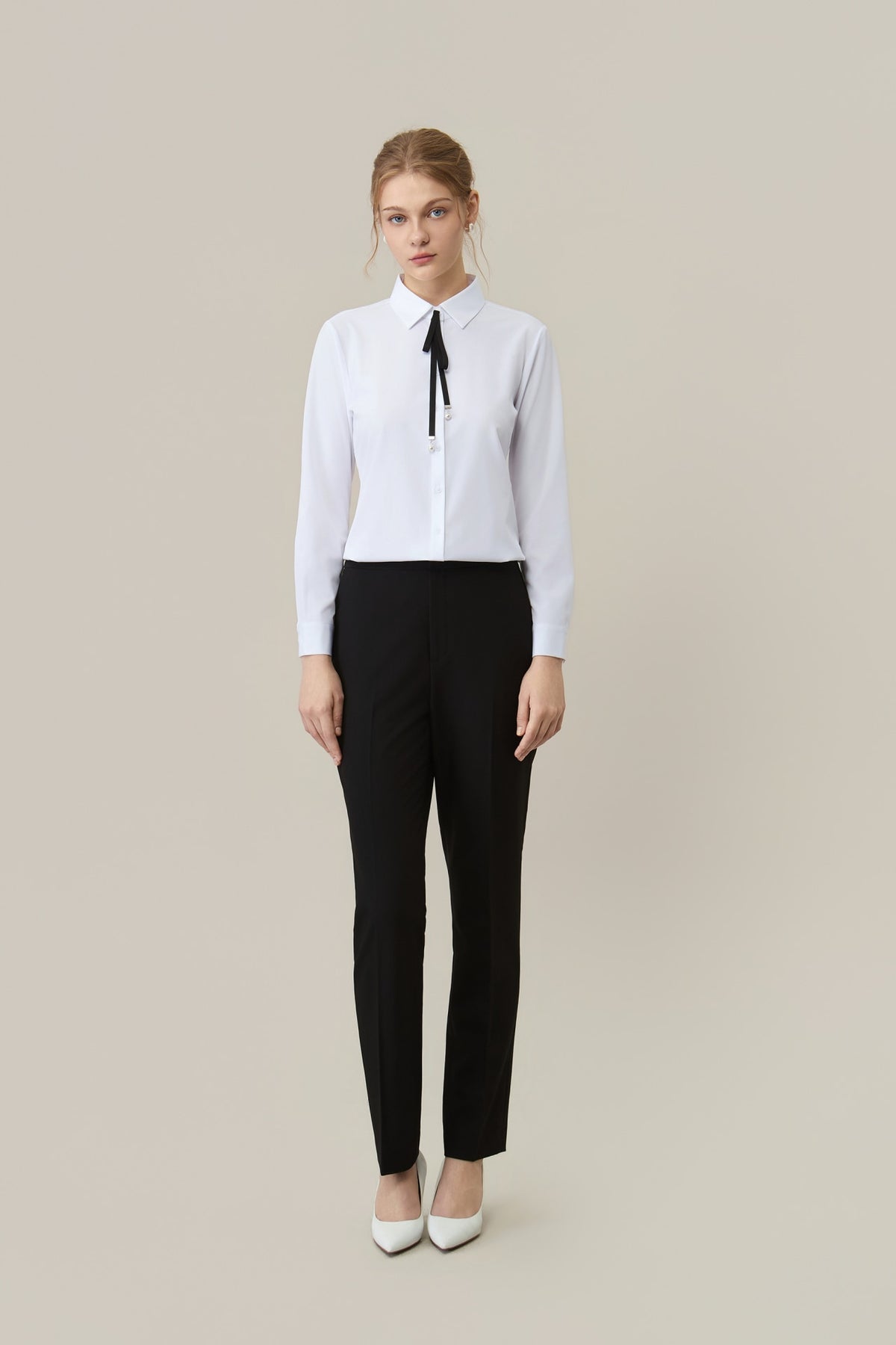 Non-Iron Dry Stretch Poplin Slim Fit Long Sleeve Shirt with Detachable Bow Tie