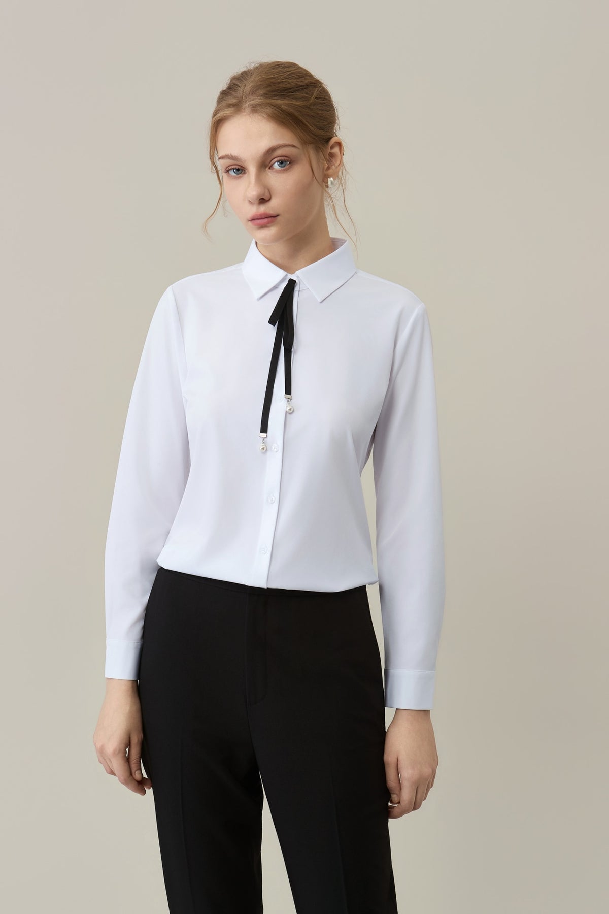 Non-Iron Dry Stretch Poplin Slim Fit Long Sleeve Shirt with Detachable Bow Tie