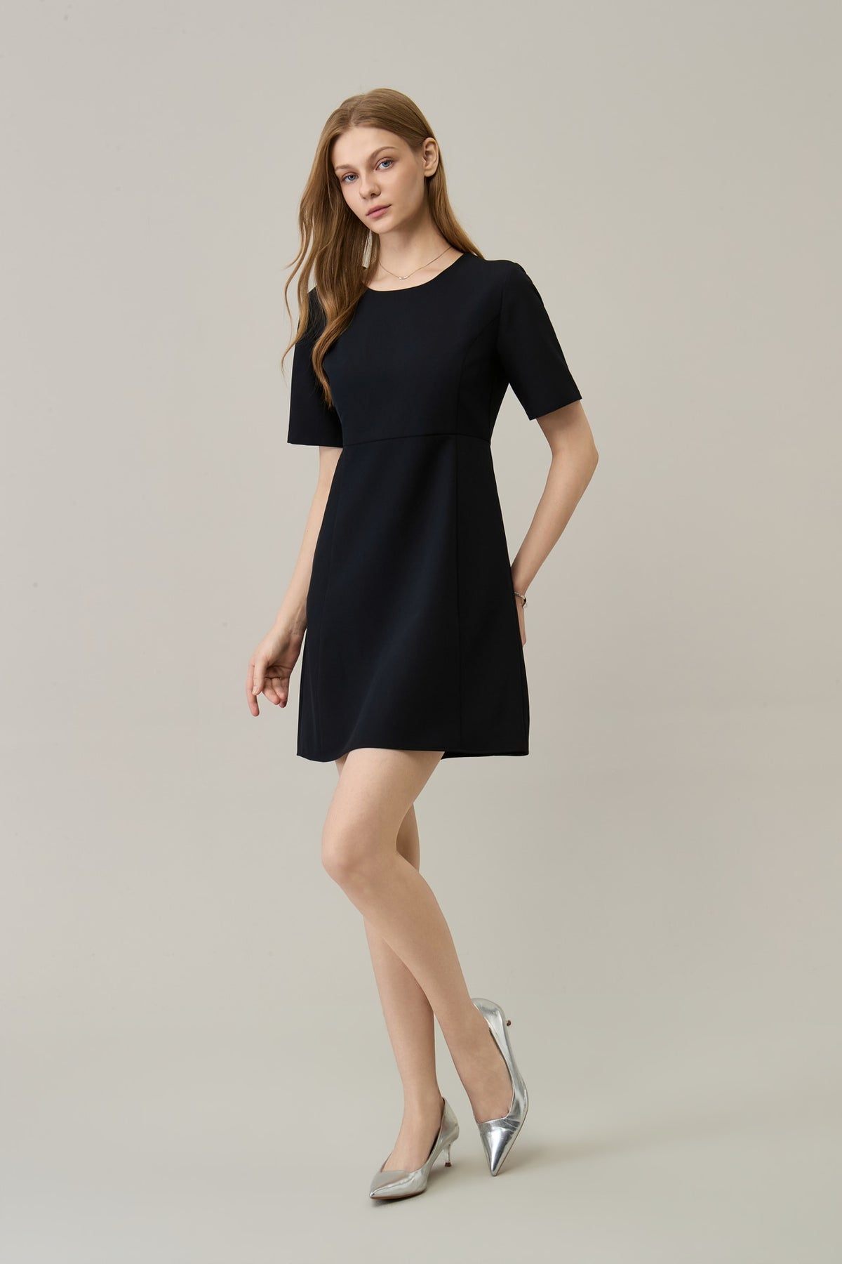 Poly Plain Weave Round Neck A-Shape Dress