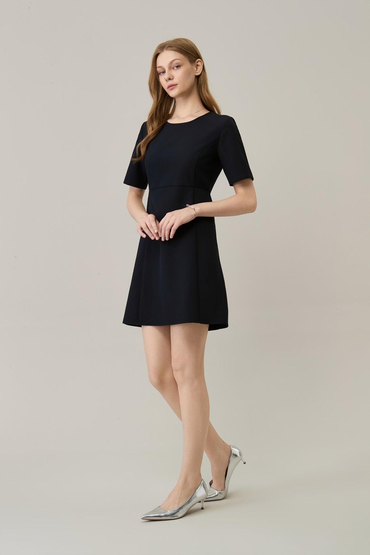 Poly Plain Weave Round Neck A-Shape Dress