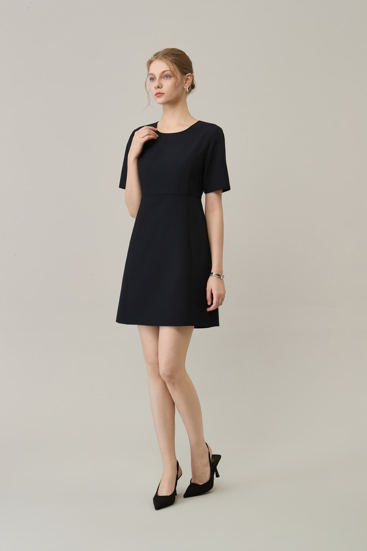 Poly Plain Weave Round Neck A-Shape Dress