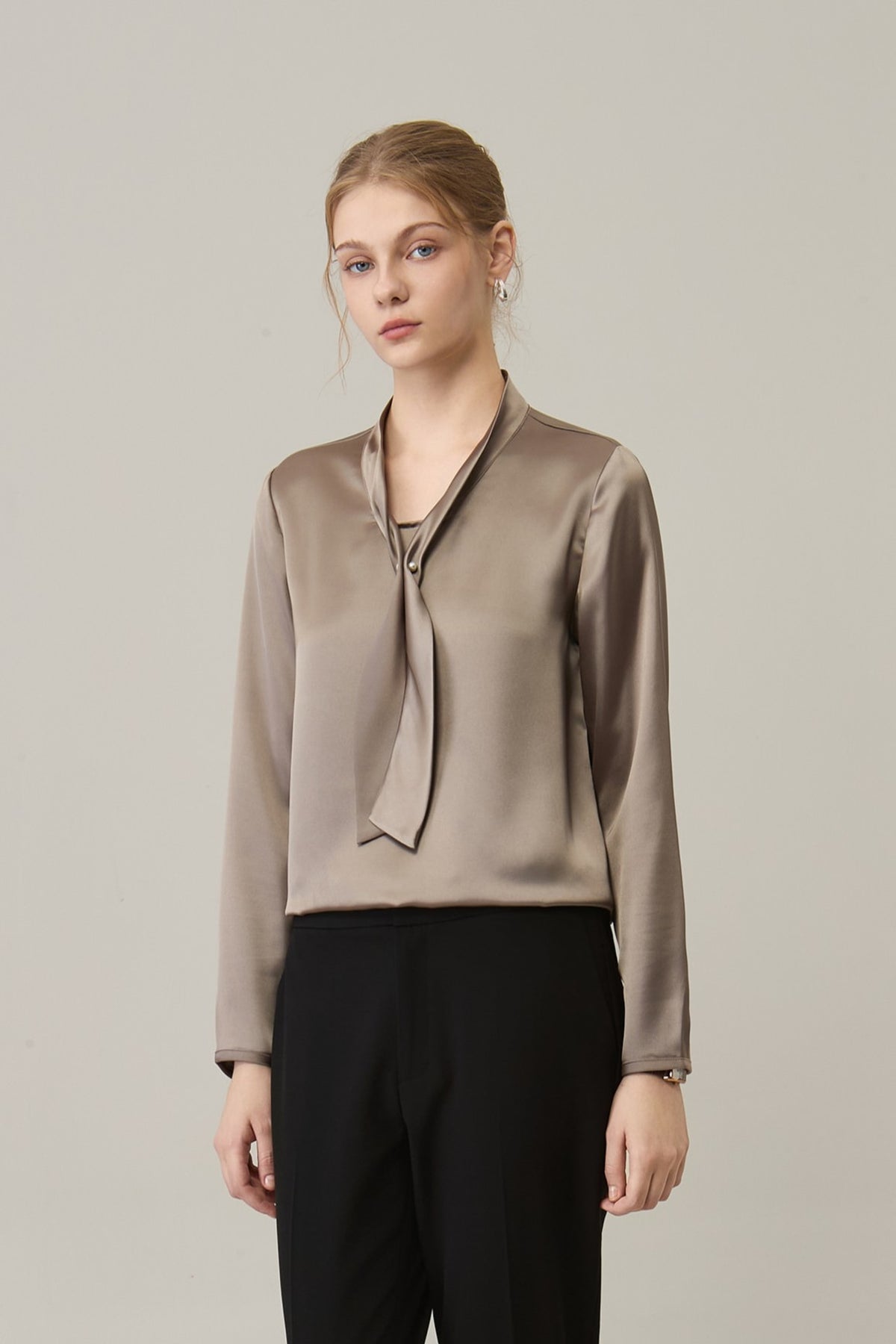 Poly Satin Self-Tie Collar Regular Fit Blouse