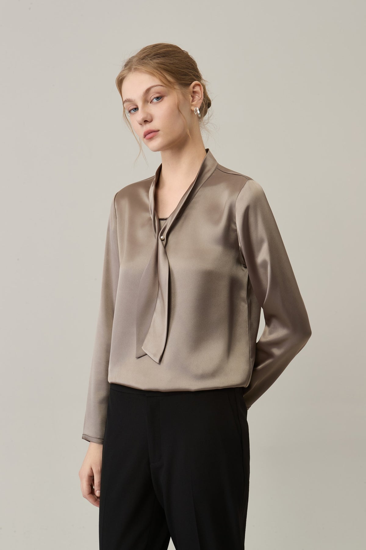 Poly Satin Self-Tie Collar Regular Fit Blouse